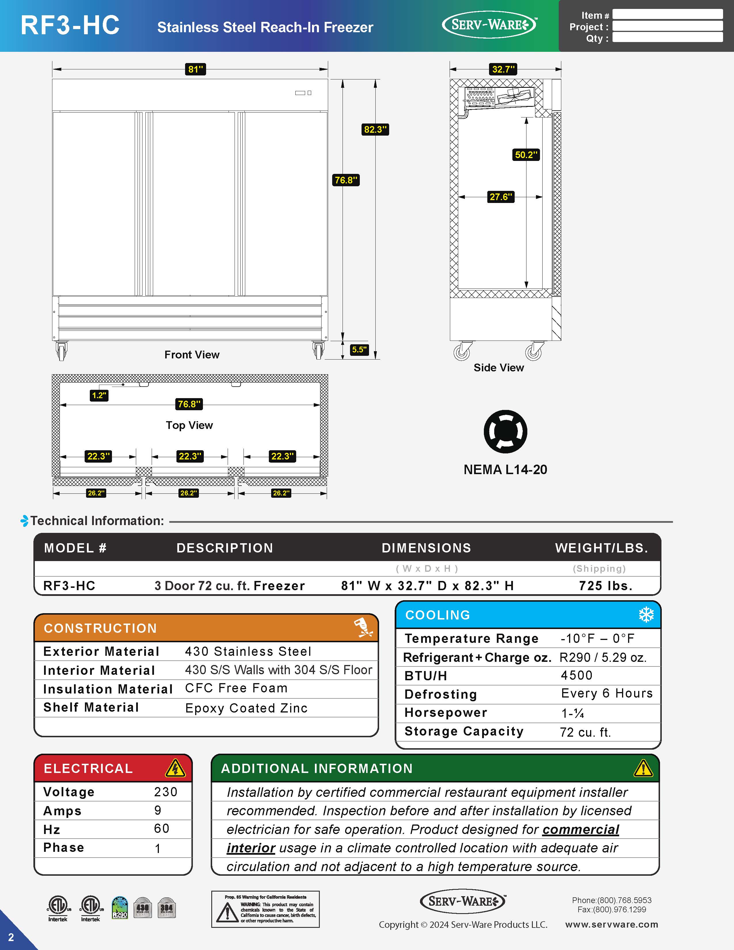 81" 3 Solid Door Reach-In Freezer, RF3-HC