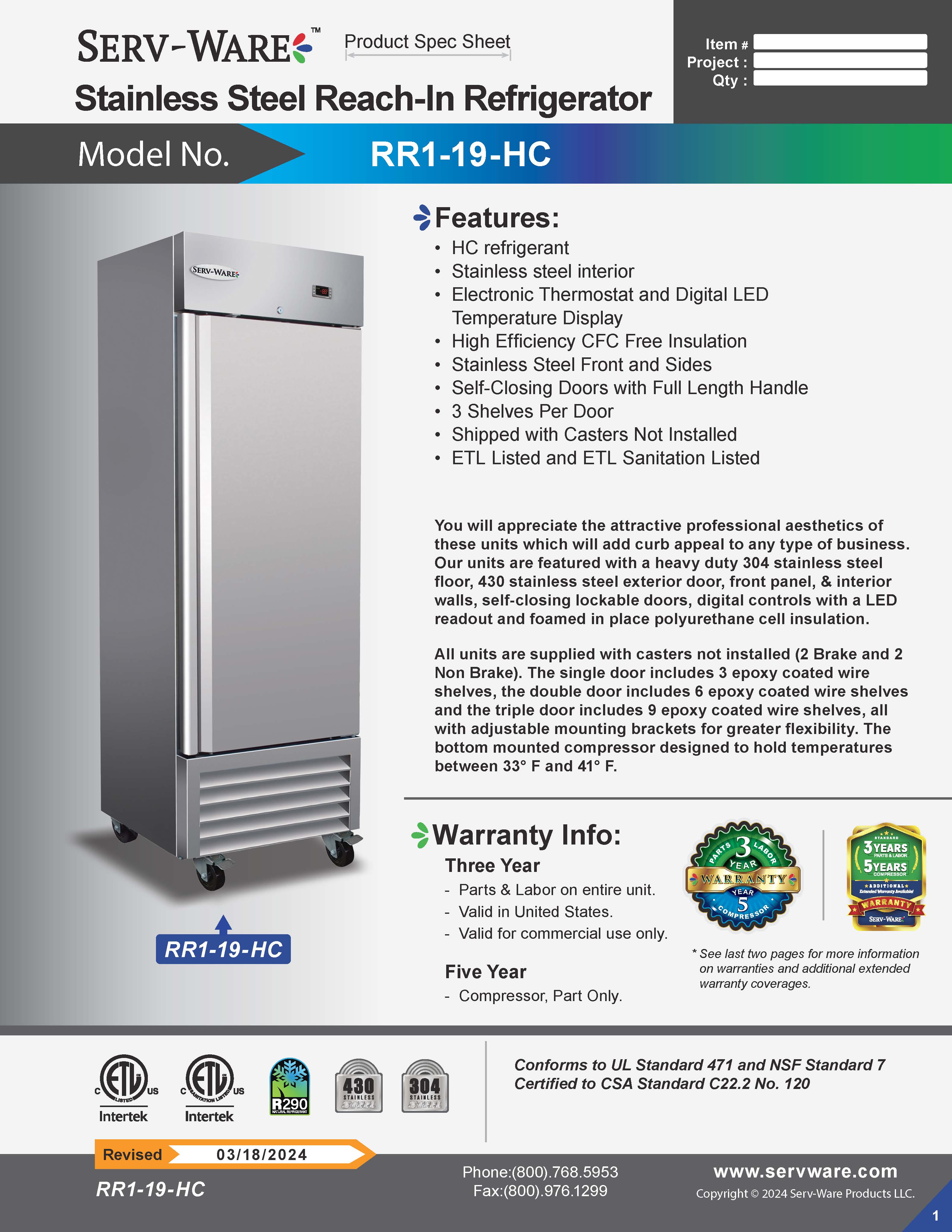 27" 1 Solid Door Reach-In Refrigerator, RR1-19-HC