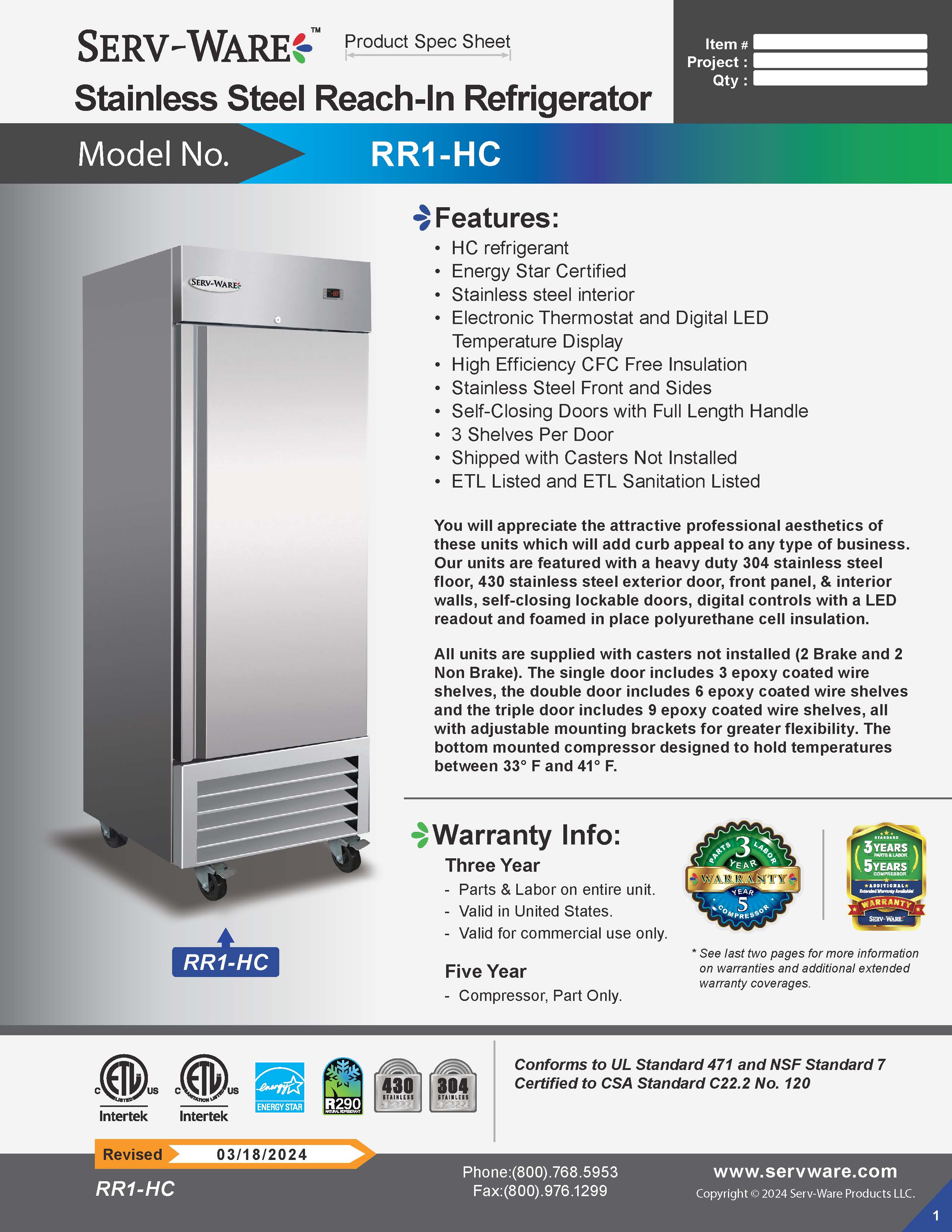 27" 1 Solid Door Reach-In Refrigerator, RR1-HC