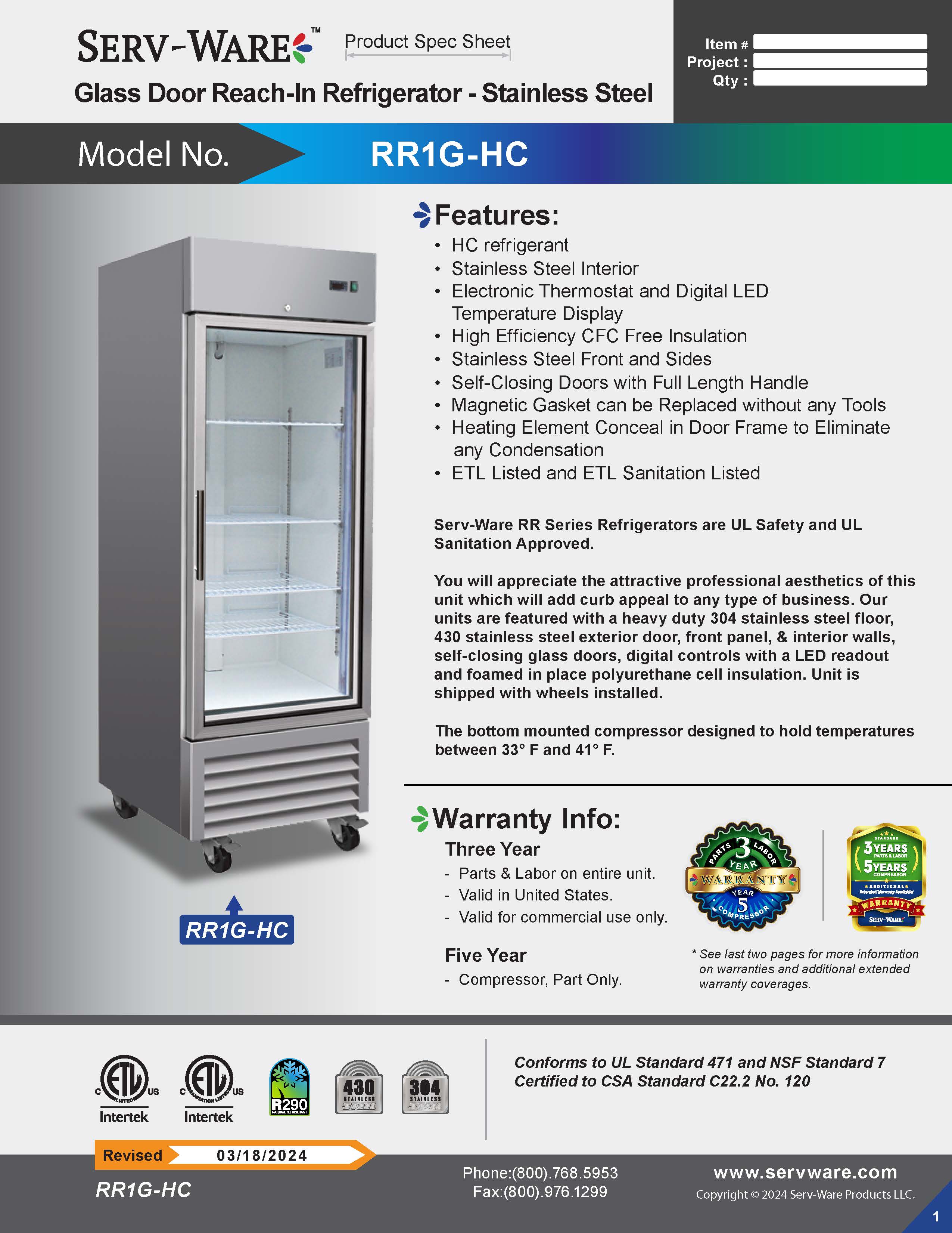 27" 1 Glass Door Reach-In Refrigerator, RR1G-HC