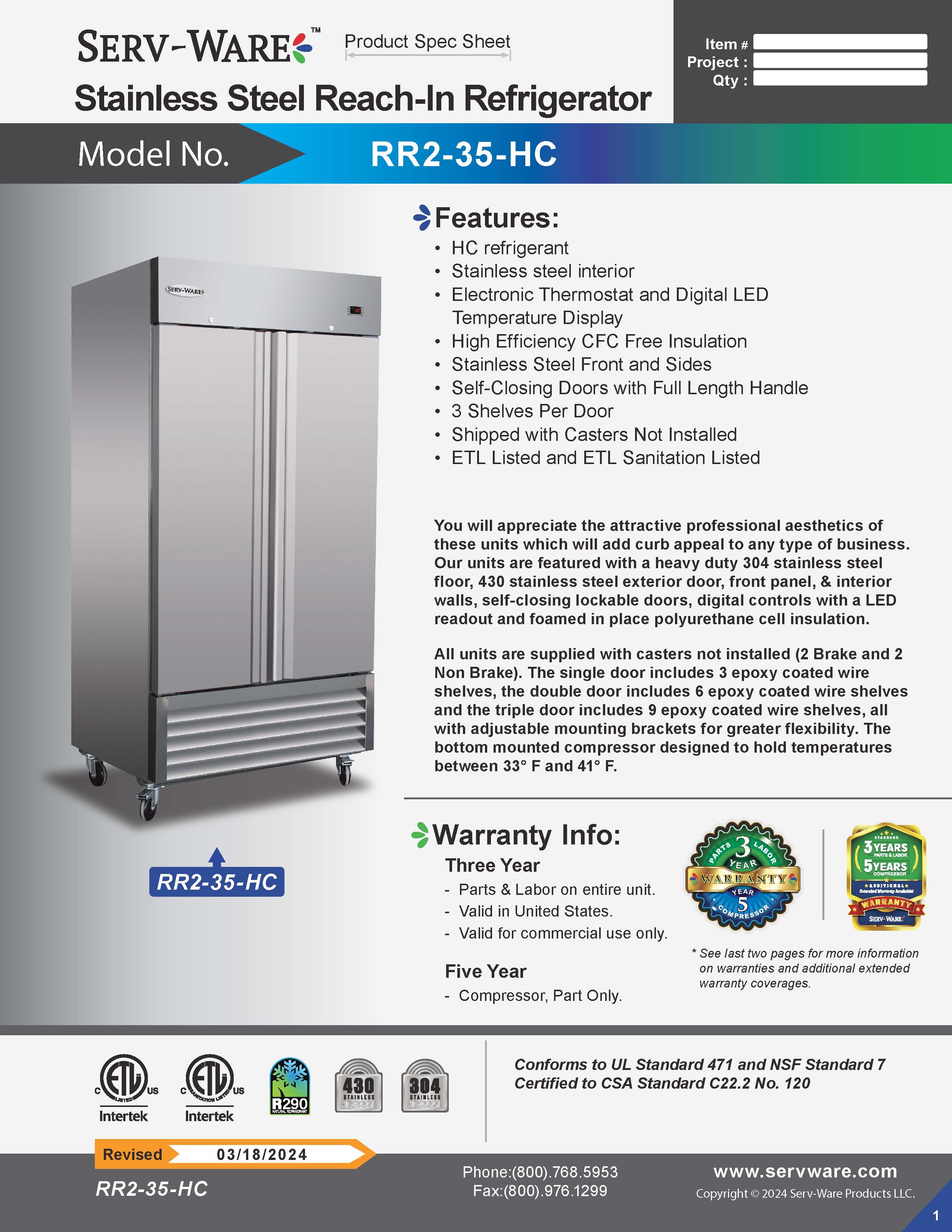 40" 2 Solid Door Reach-In Refrigerator, RR2-35-HC