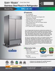 40" 2 Solid Door Reach-In Refrigerator, RR2-35-HC