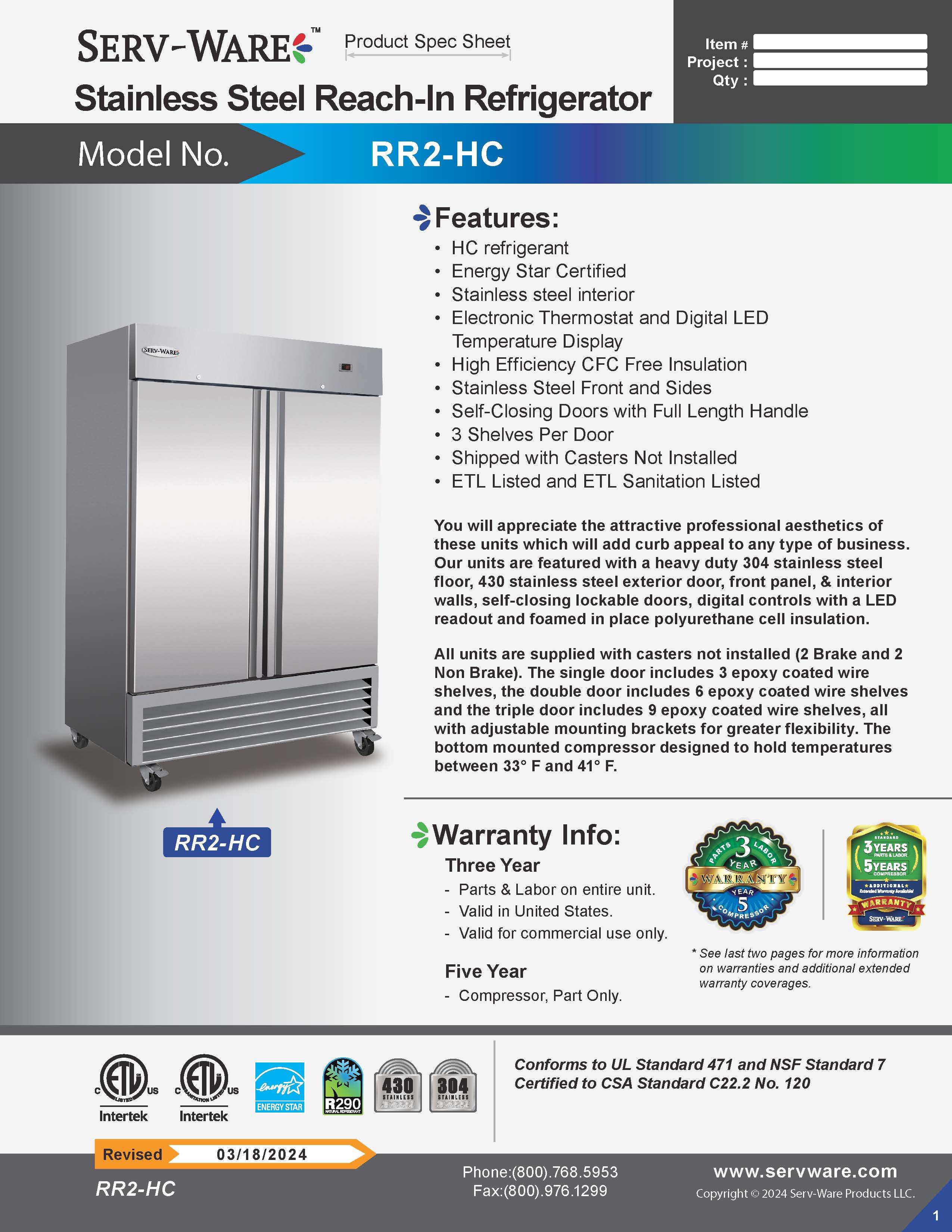 54" 2 Solid Door Reach-In Refrigerator, RR2-HC