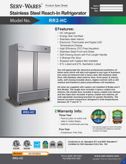 54" 2 Solid Door Reach-In Refrigerator, RR2-HC