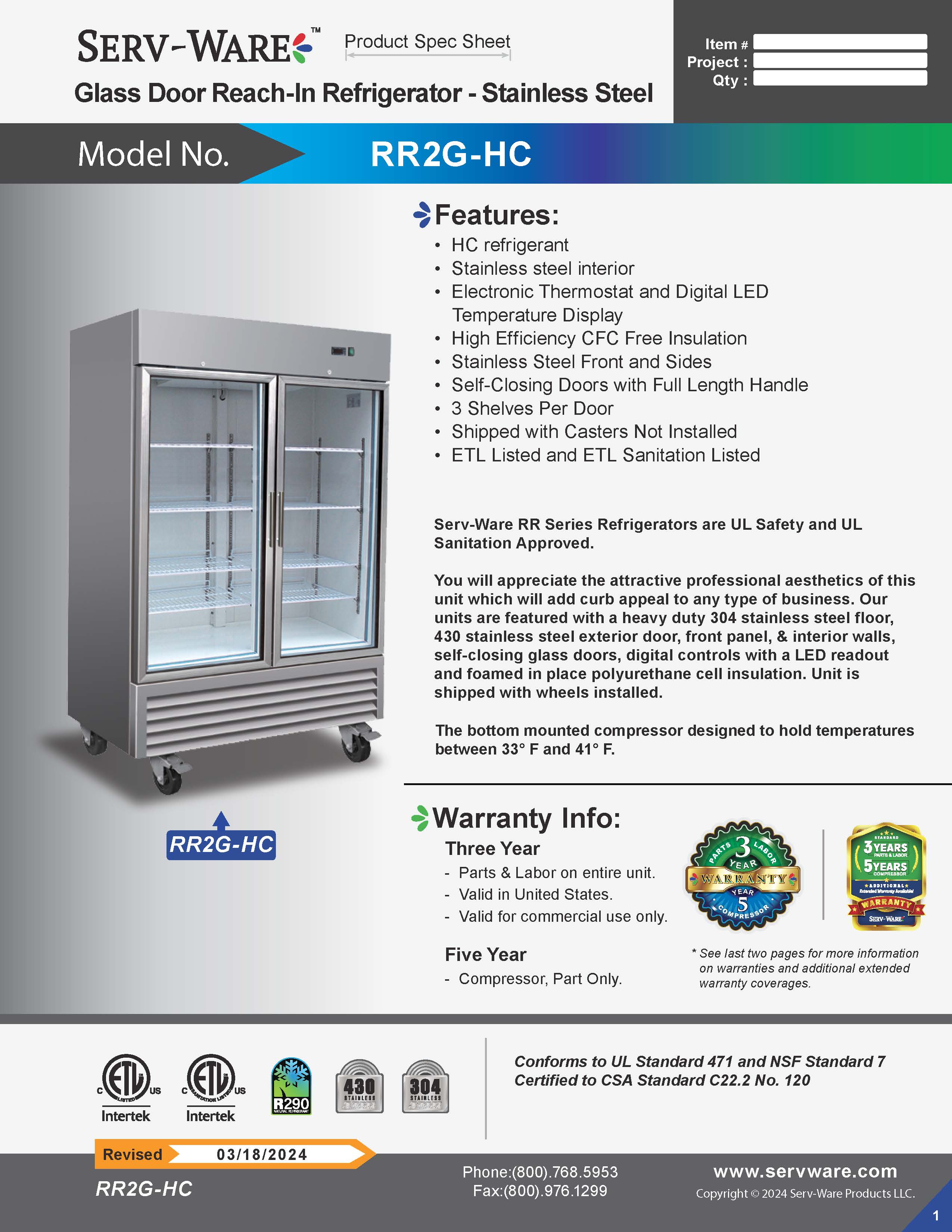 54" 2 Glass Door Reach-In Refrigerator, RR2G-HC