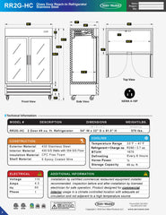 54" 2 Glass Door Reach-In Refrigerator, RR2G-HC