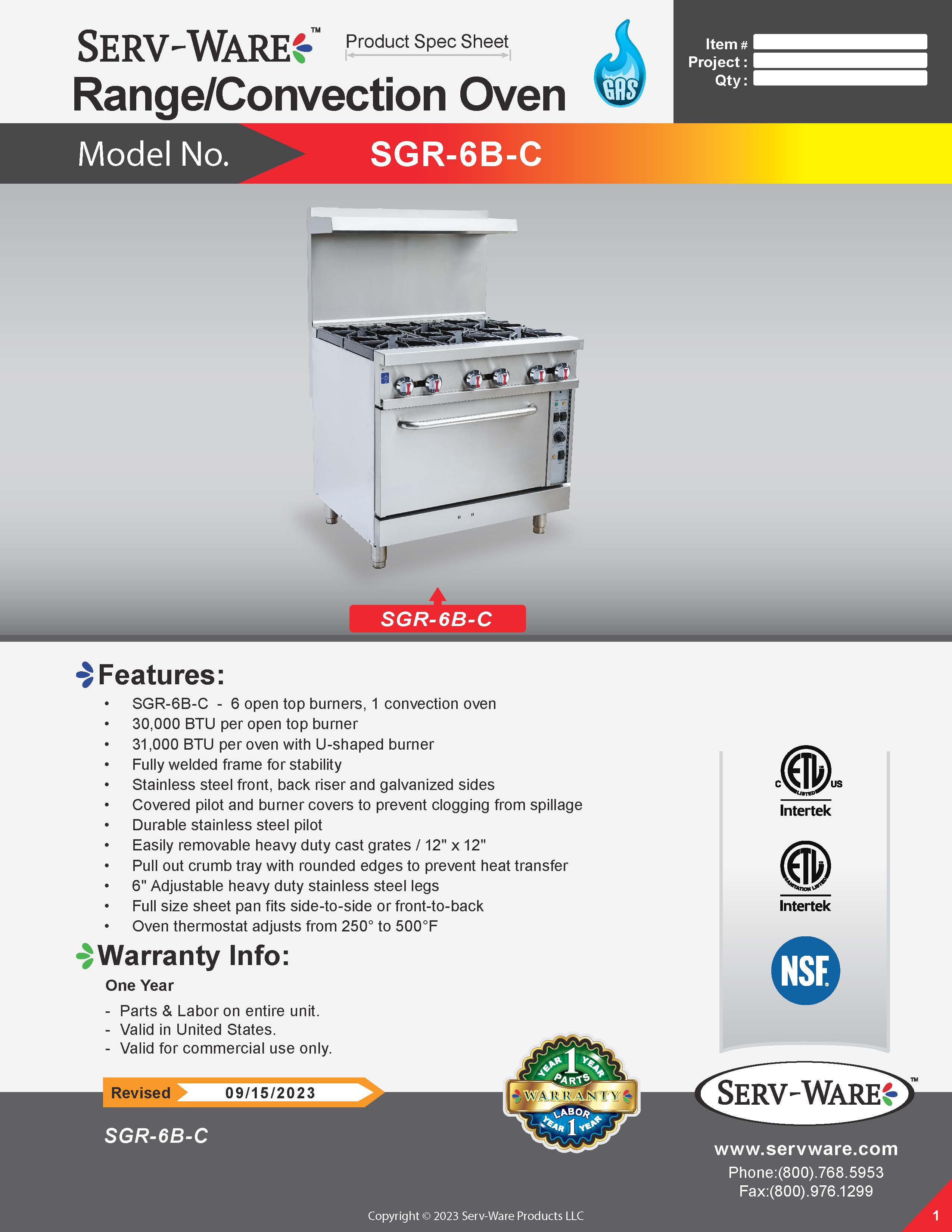 6 Burner 36" Range with Convection Oven, SGR-6B-C