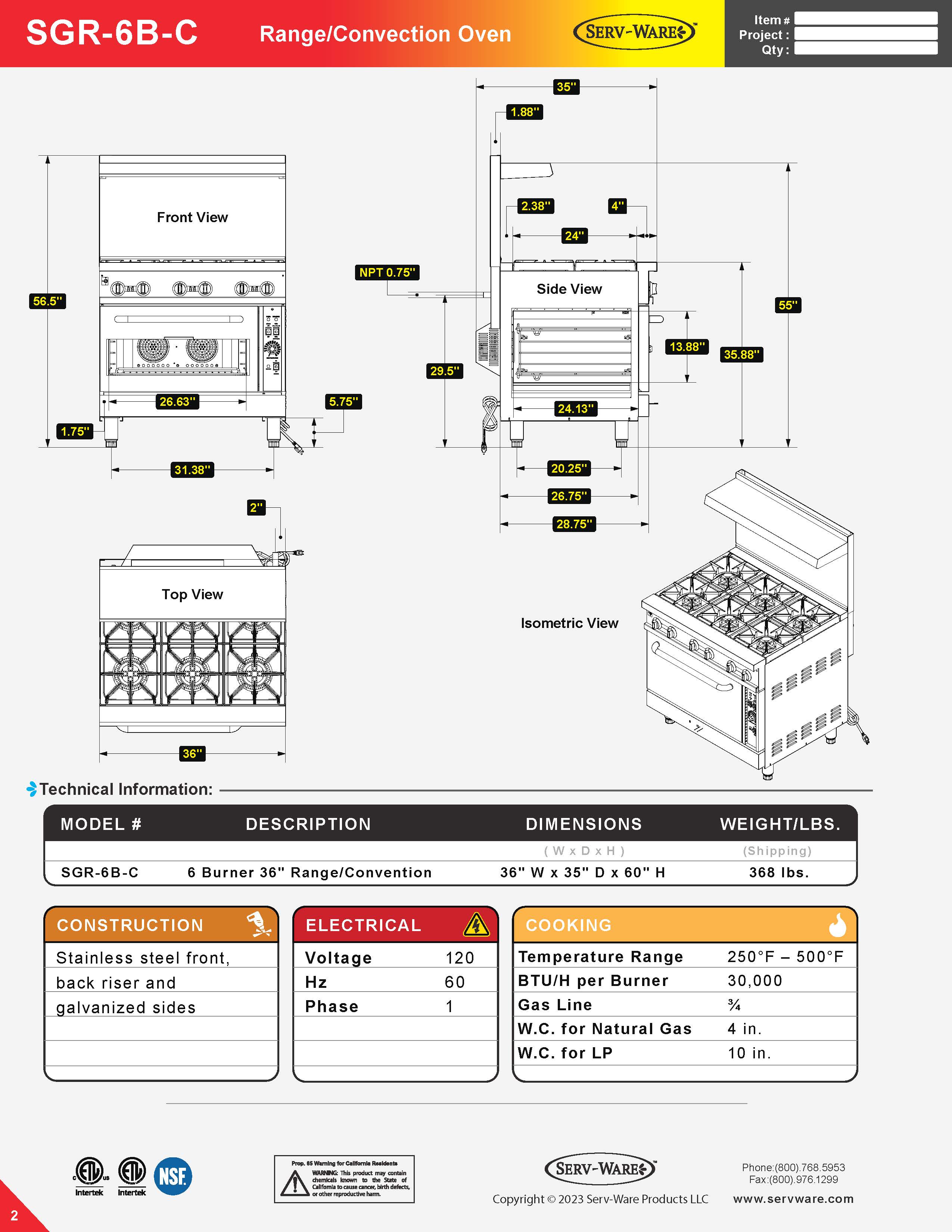 6 Burner 36" Range with Convection Oven, SGR-6B-C