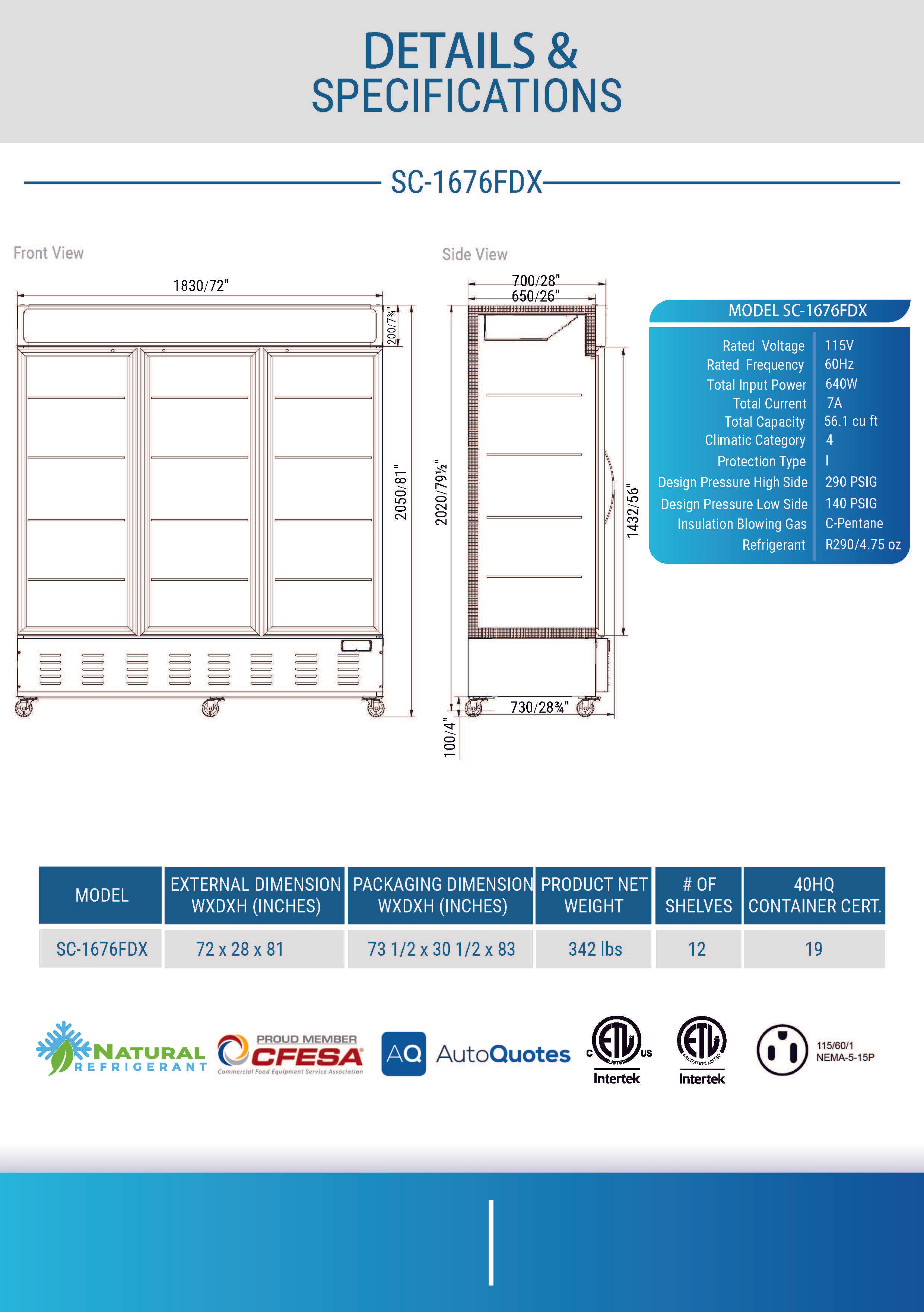 SC-1676FDX Merchandiser Refrigerator, 72"*28"*81",1-Year labor & Parts 5-Year compressor