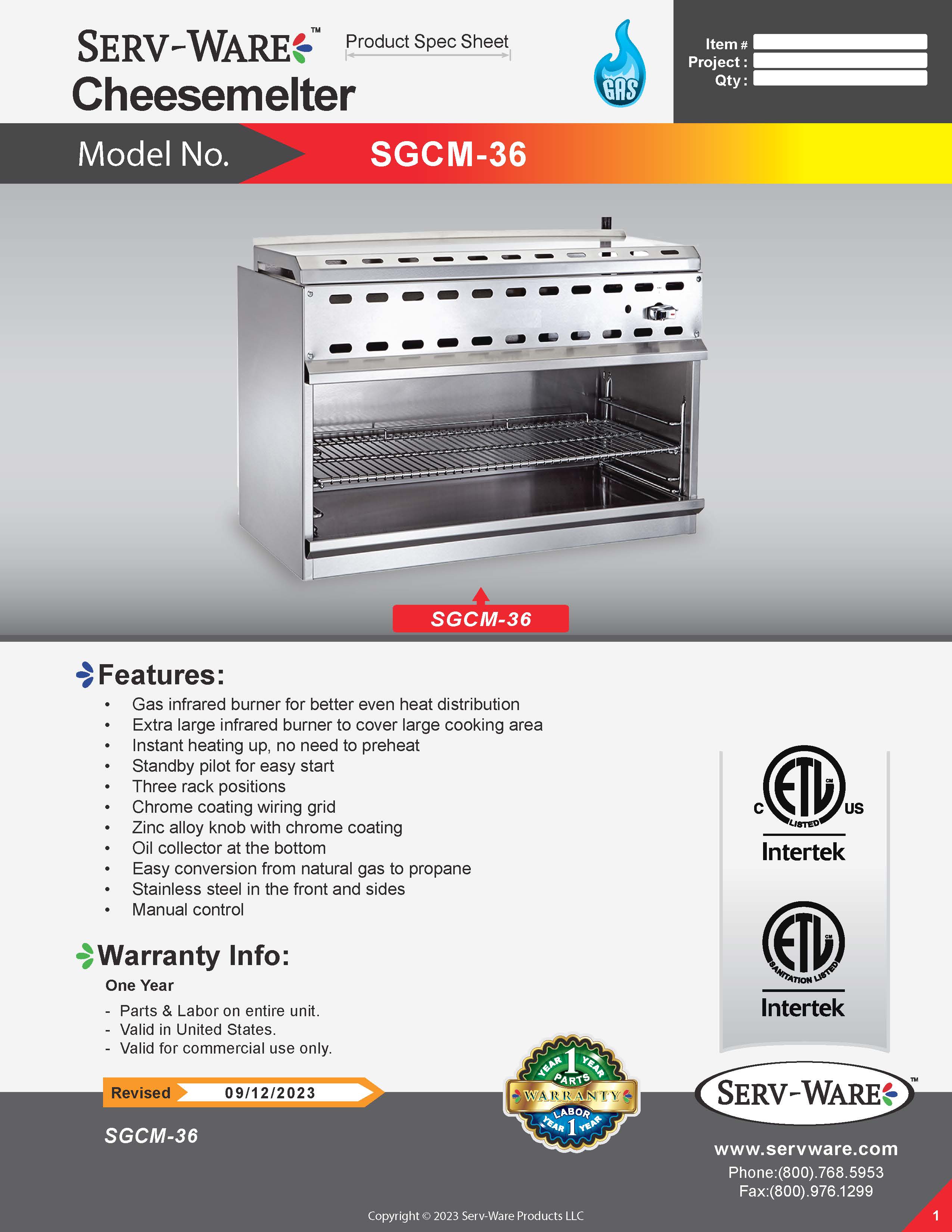 36“ Gas Cheesemelter, SGCM-36