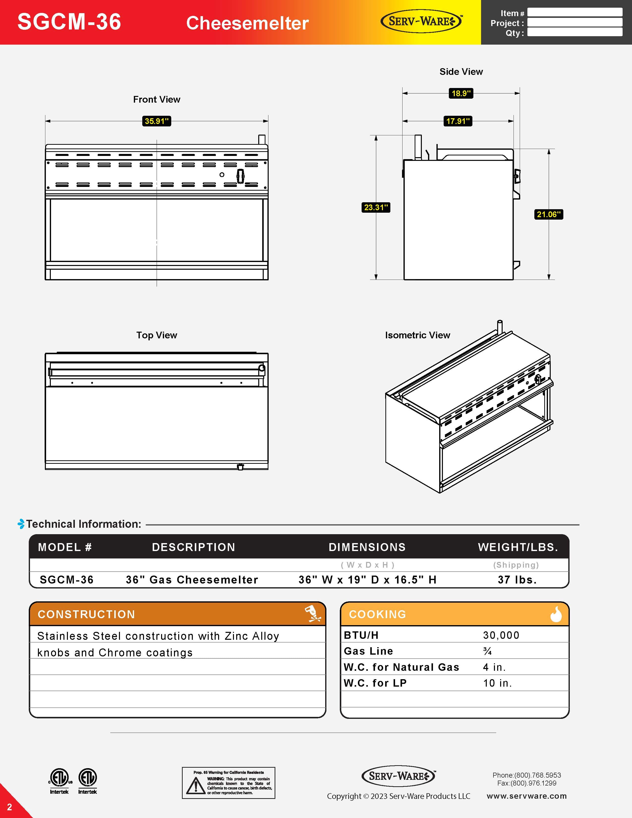 36“ Gas Cheesemelter, SGCM-36