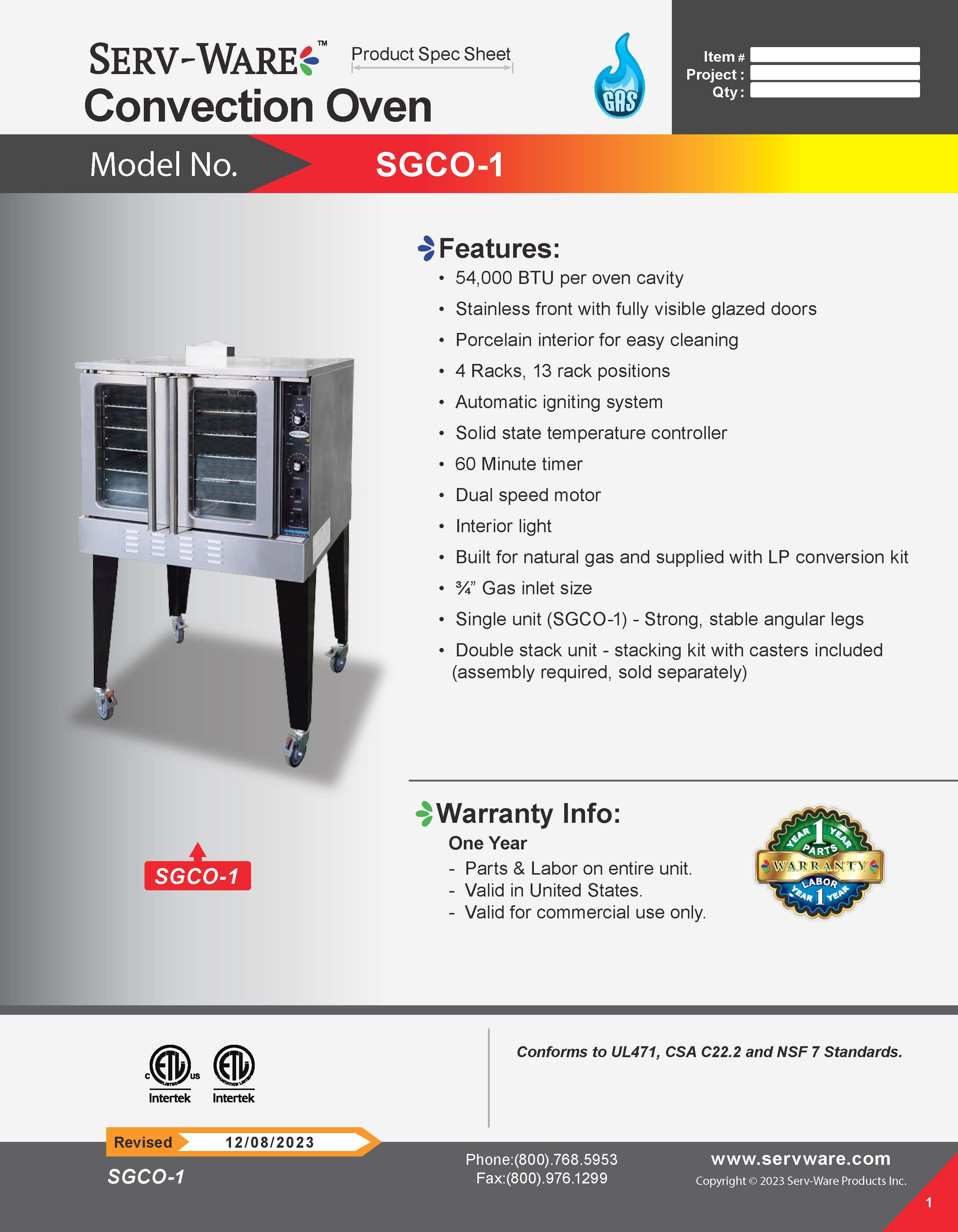 Single Deck Convection Oven, SGCO-1