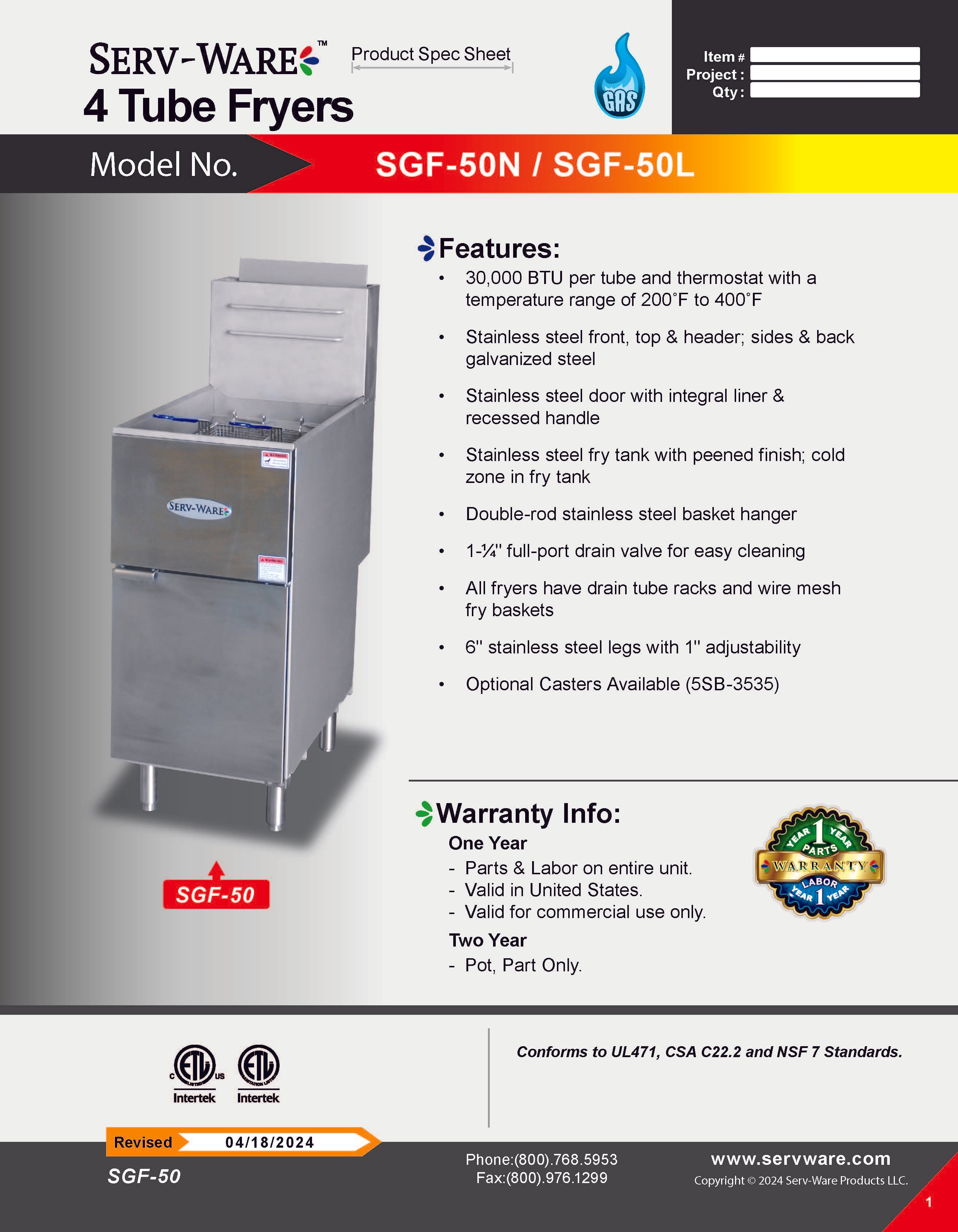 4 Tube Natural Gas Fryer, SGF-50N