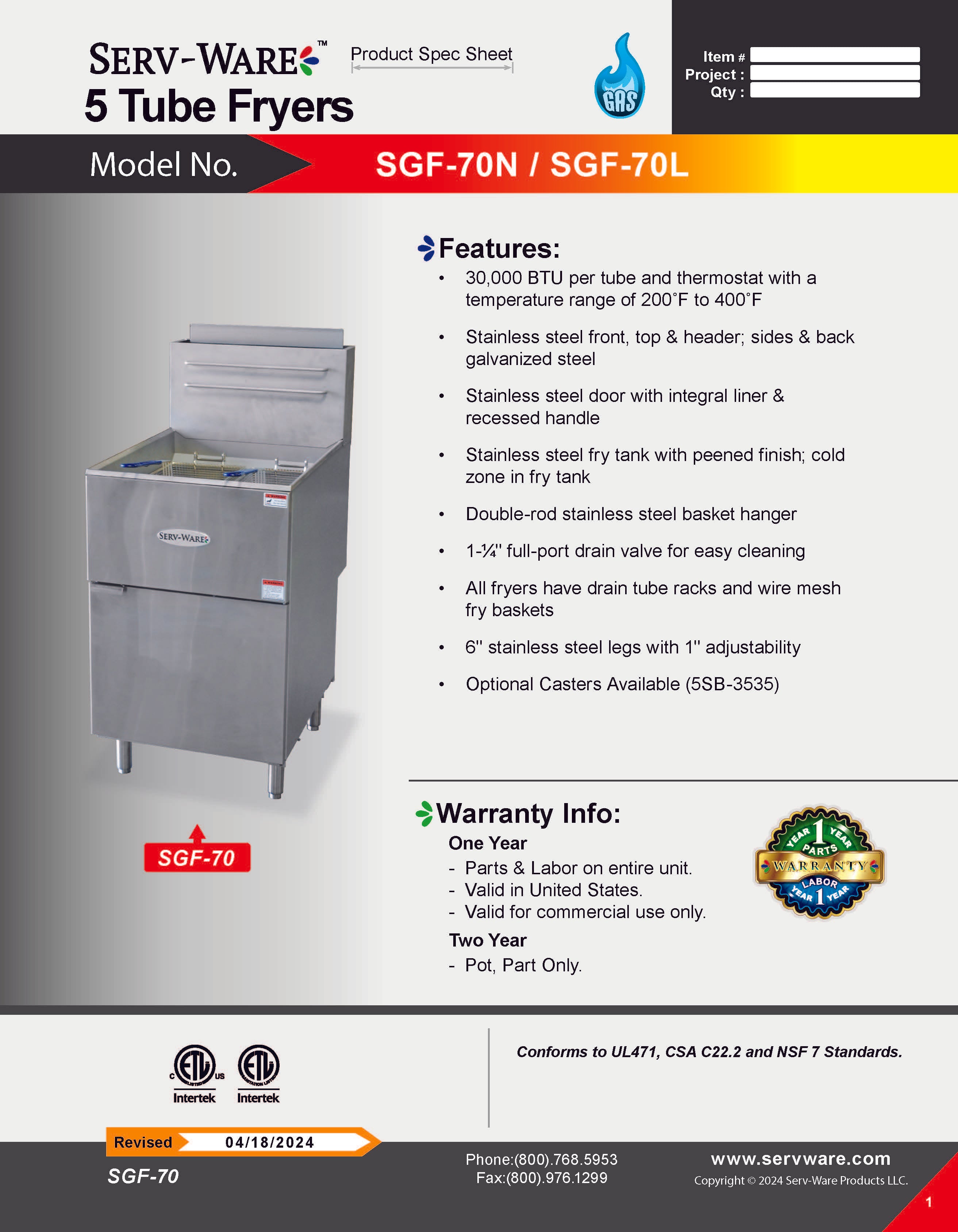 5 Tube Natural Gas Fryer, SGF-70N