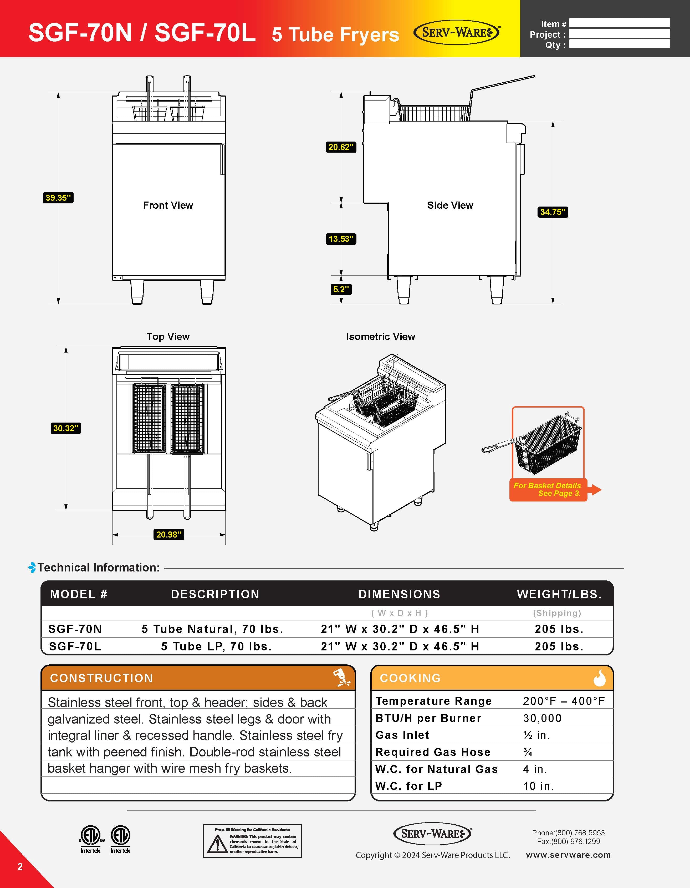 5 Tube Natural Gas Fryer, SGF-70N