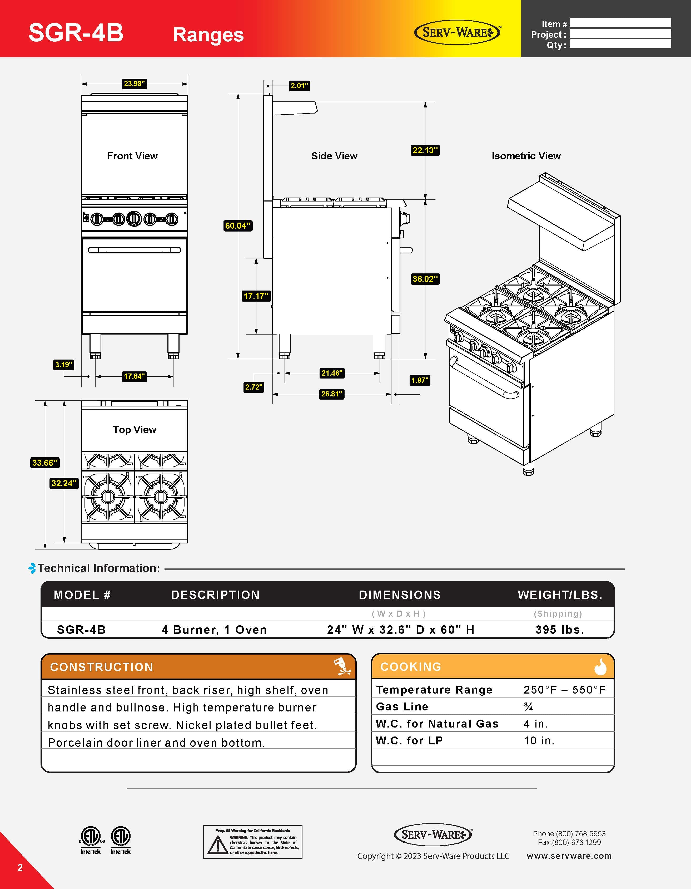 4 Burner 24" Range, SGR-4B