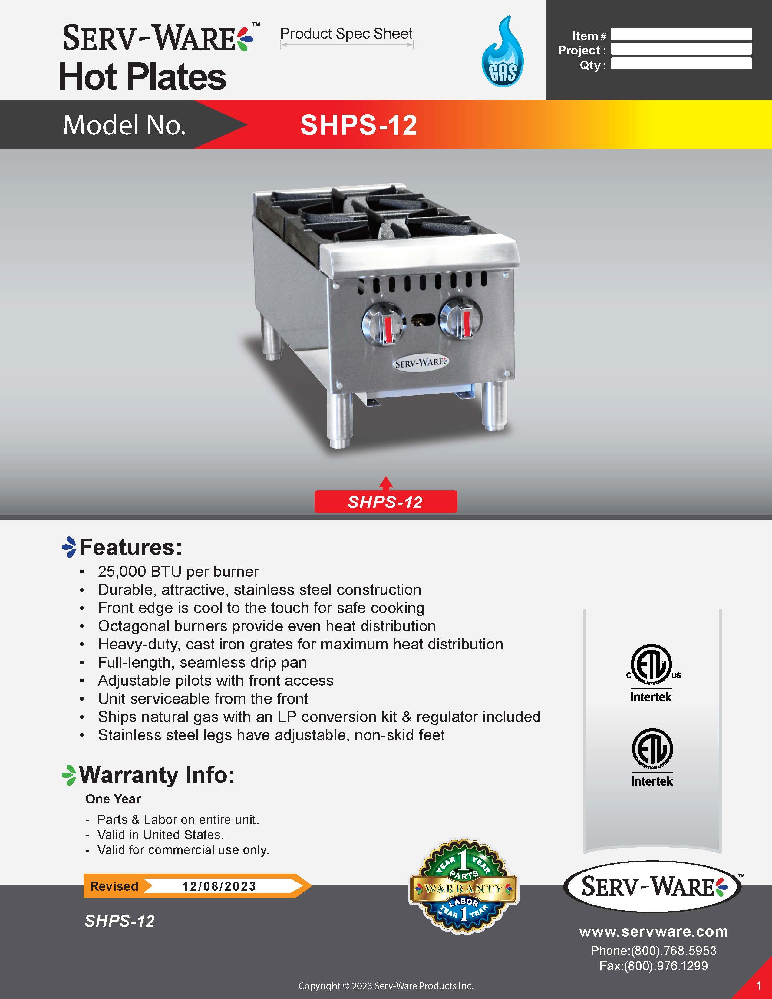 12" 2 Burner Gas Hot Plate, SHPS-12