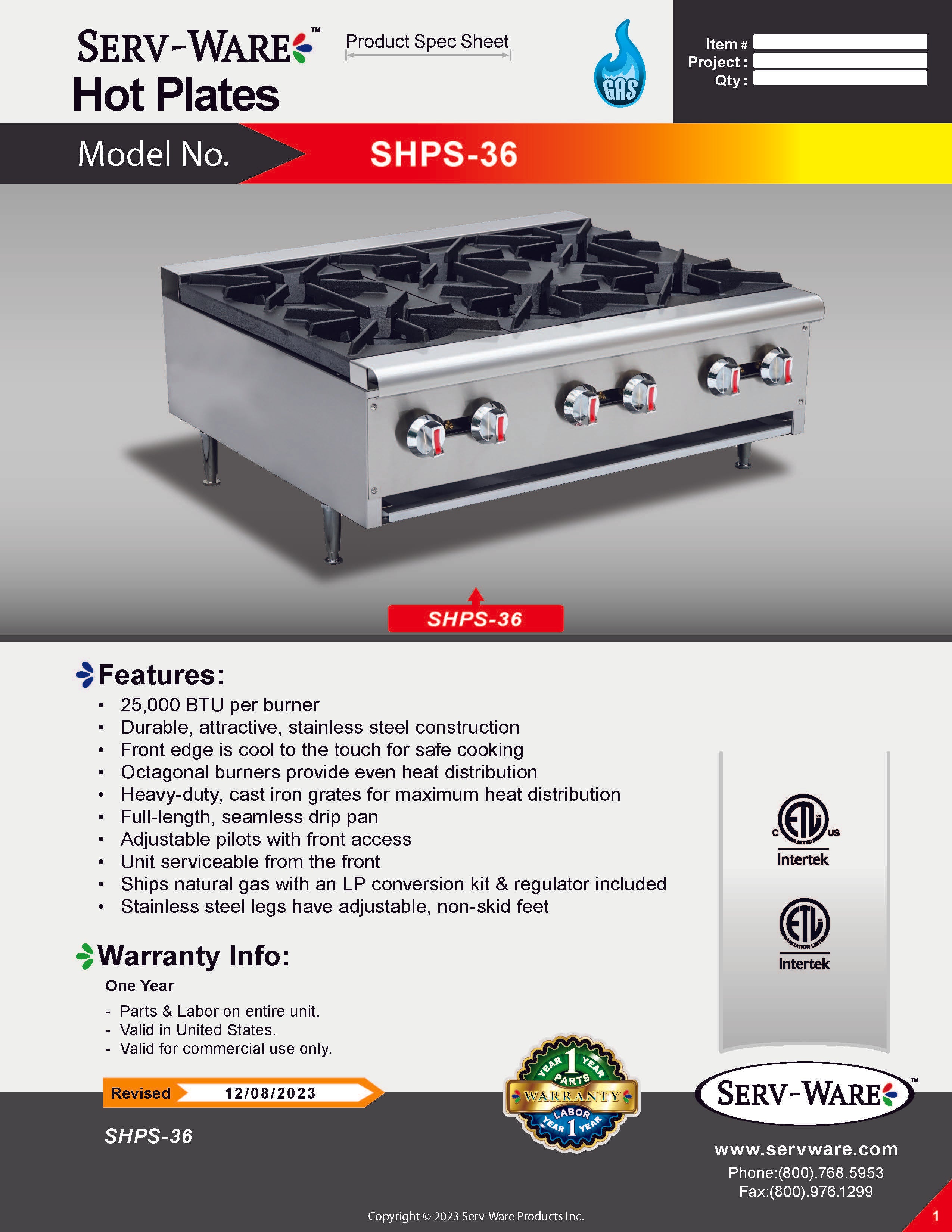 36" 6 Burner Gas Hot Plate, SHPS-36