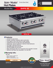 36" 6 Burner Gas Hot Plate, SHPS-36