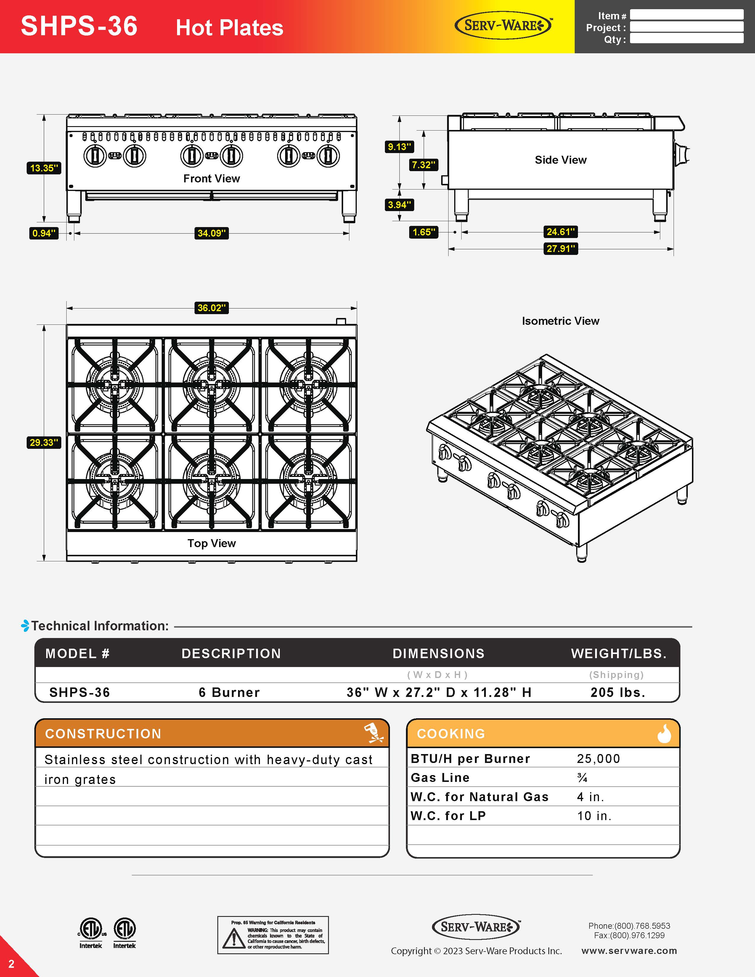 36" 6 Burner Gas Hot Plate, SHPS-36