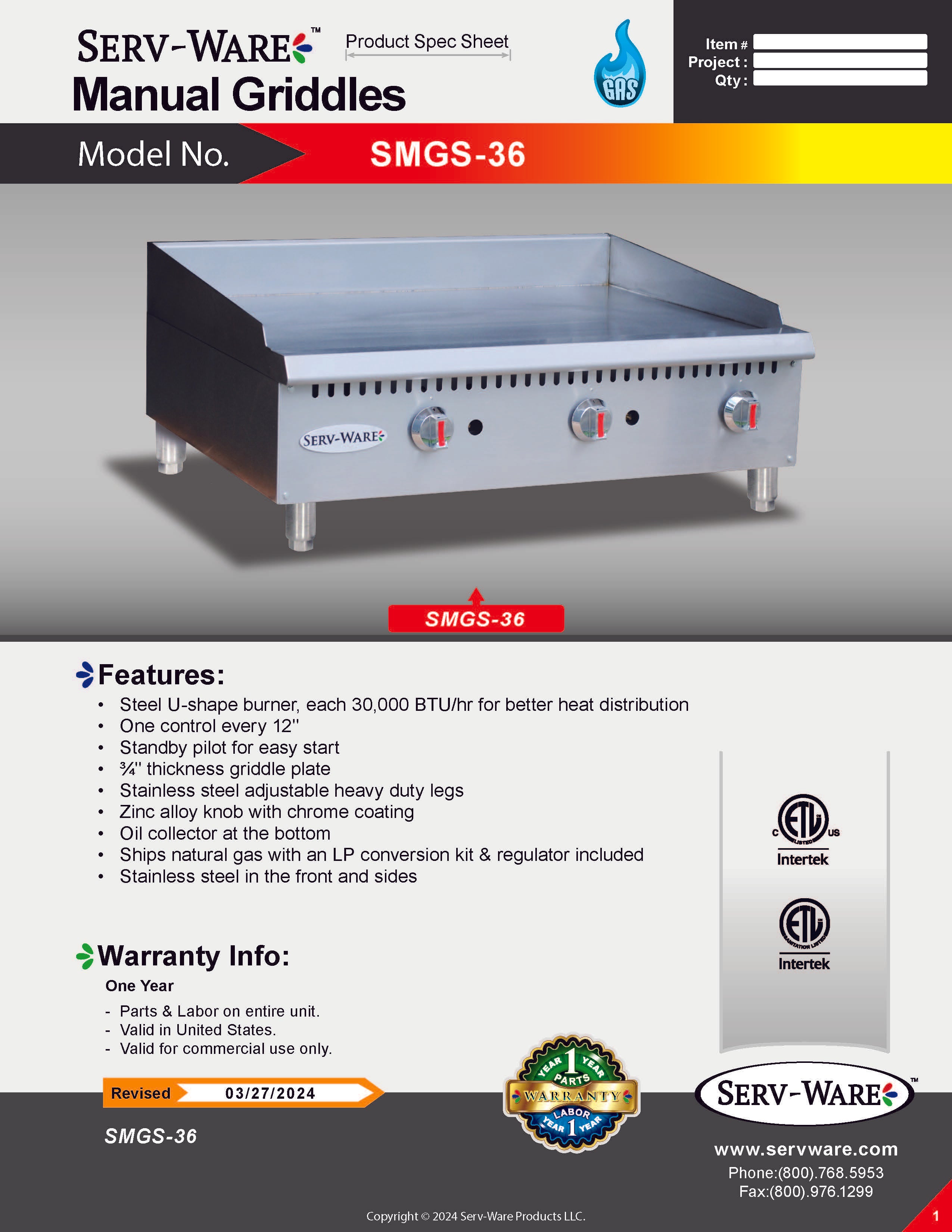 36" 3 Burner Manual Gas Griddle, SMGS-36