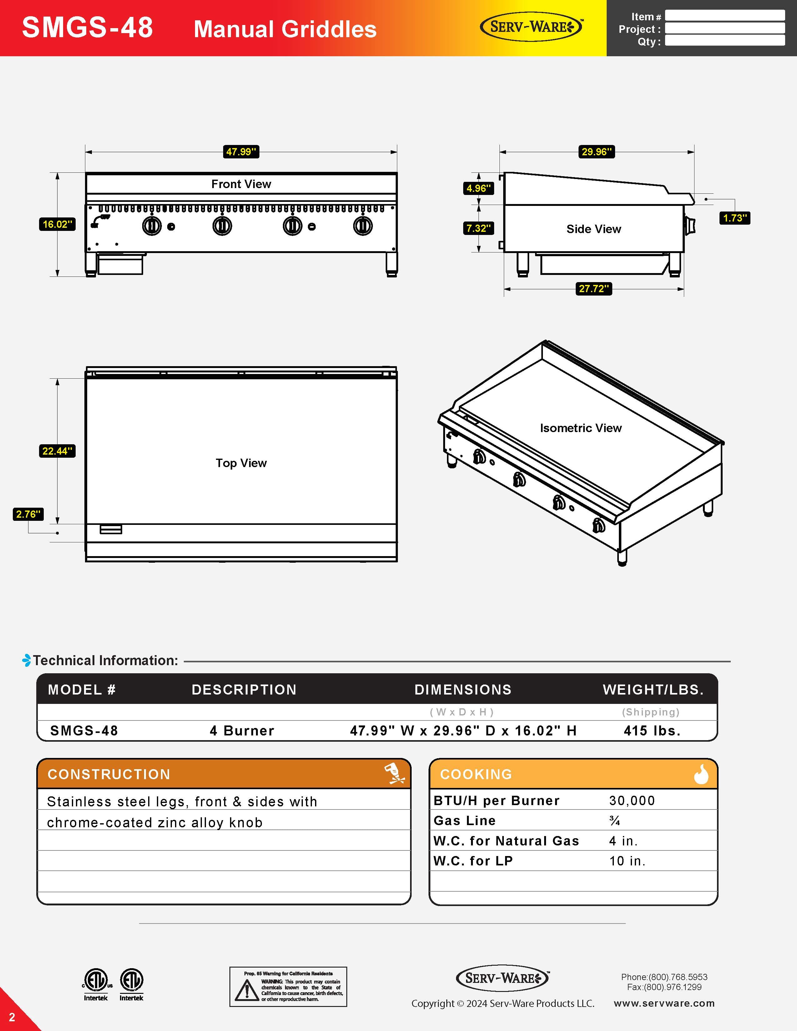 48" 4 Burner Manual Gas Griddle, SMGS-48