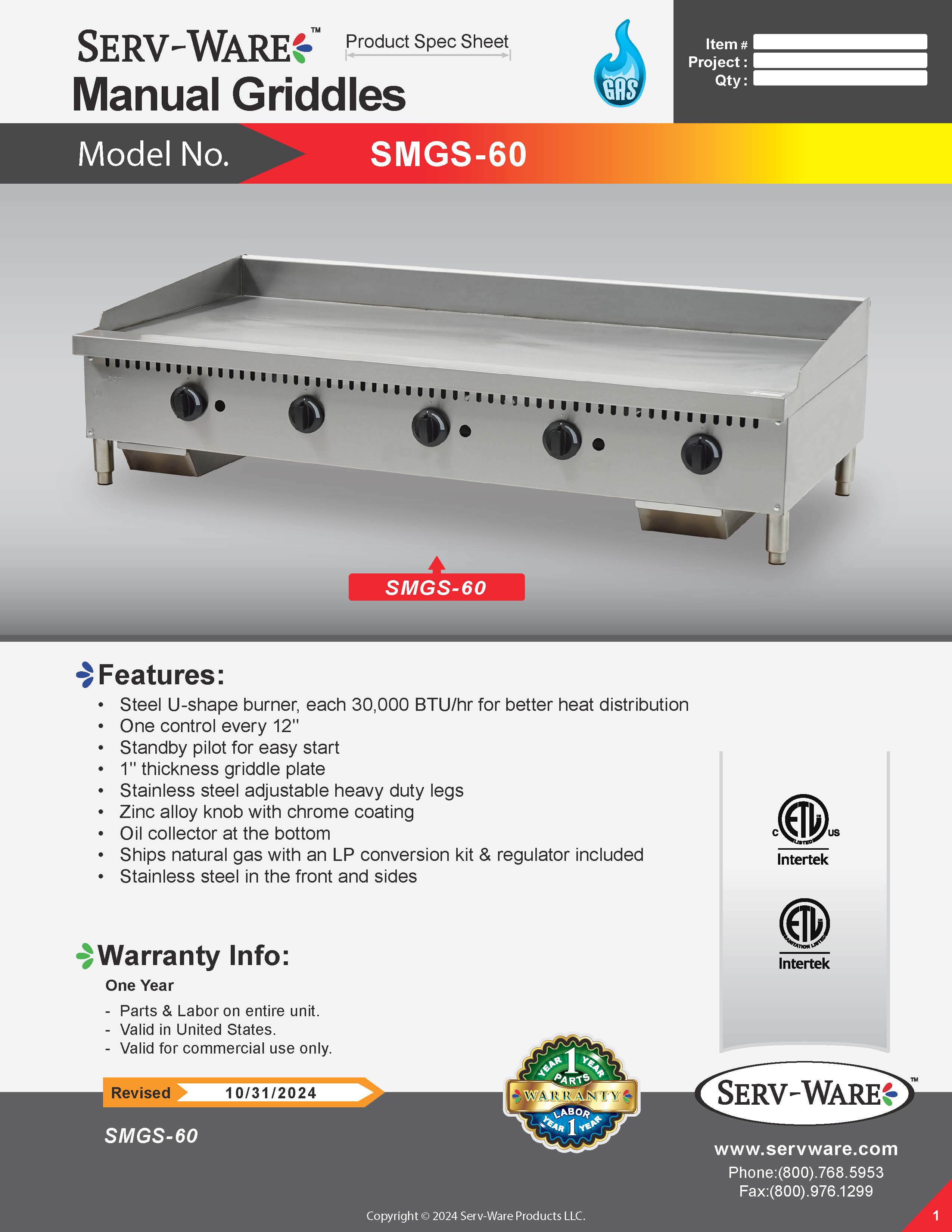 60" 5 Burner Manual Gas Griddle, SMGS-60