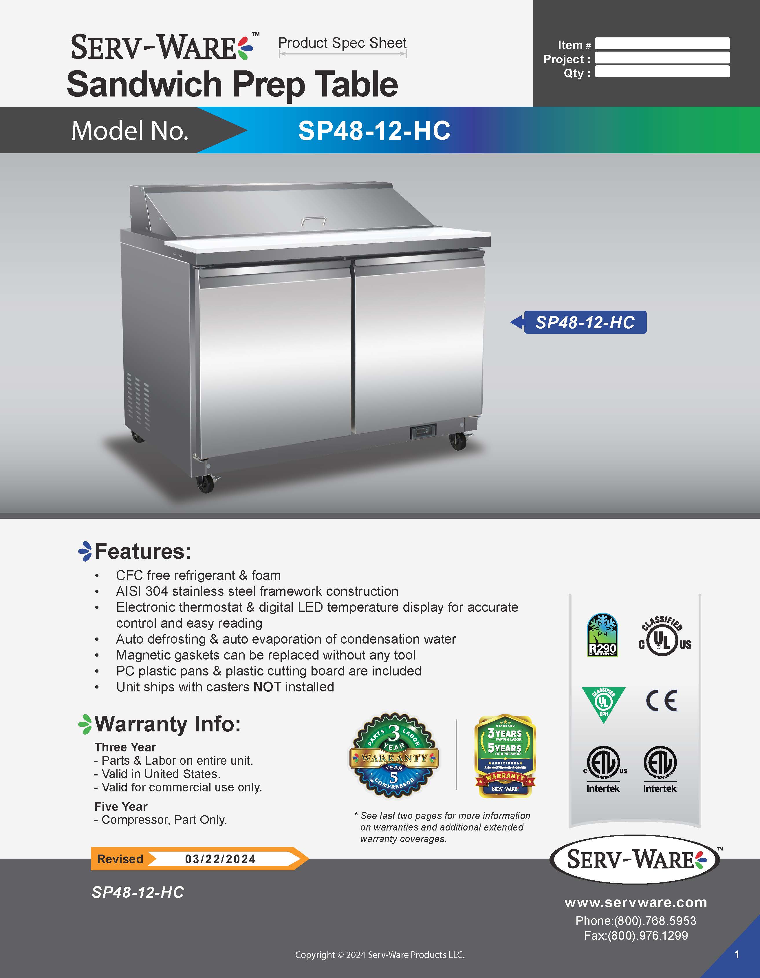 48" 2 Door Sandwich Prep Table, SP48-12-HC