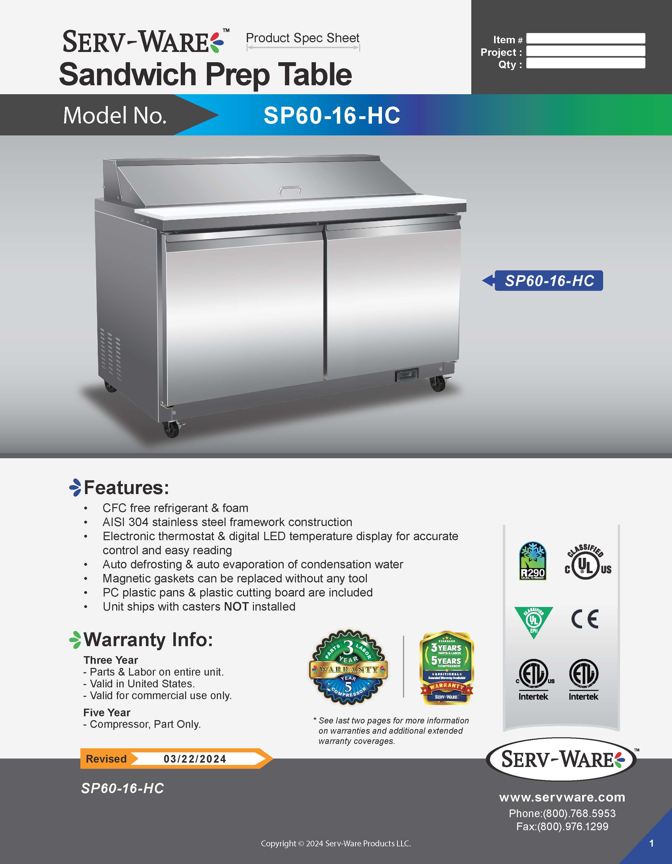 60" 2 Door Sandwich Prep Table, SP60-16-HC