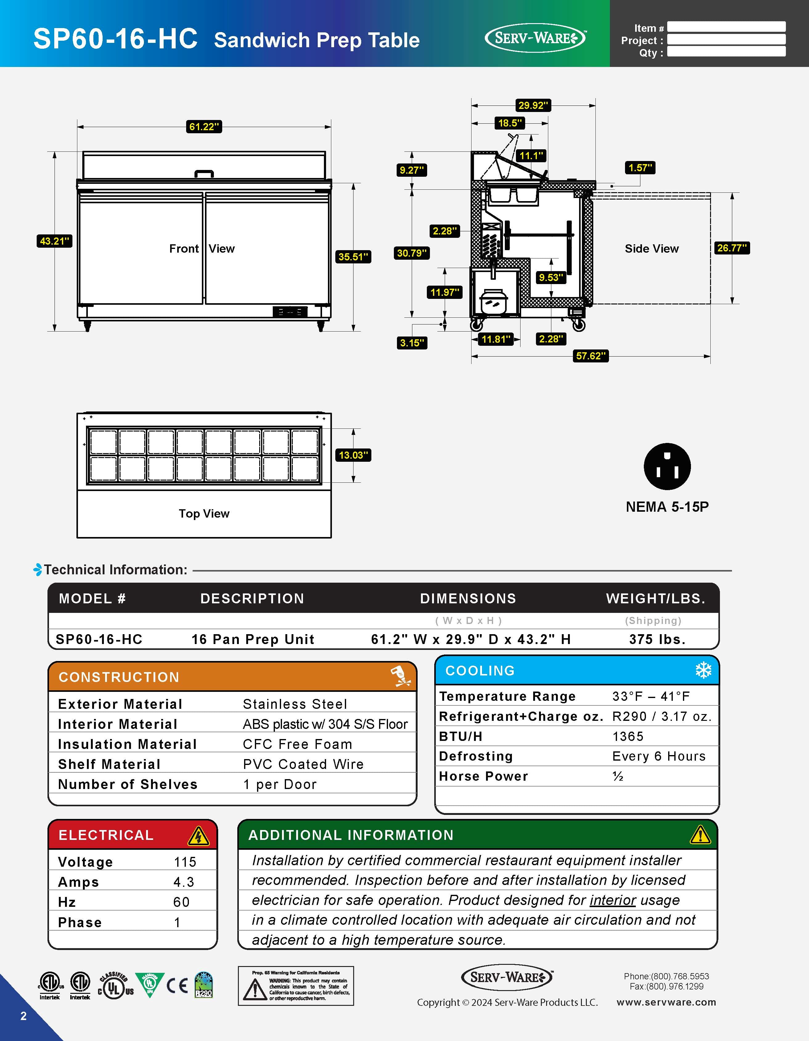 60" 2 Door Sandwich Prep Table, SP60-16-HC