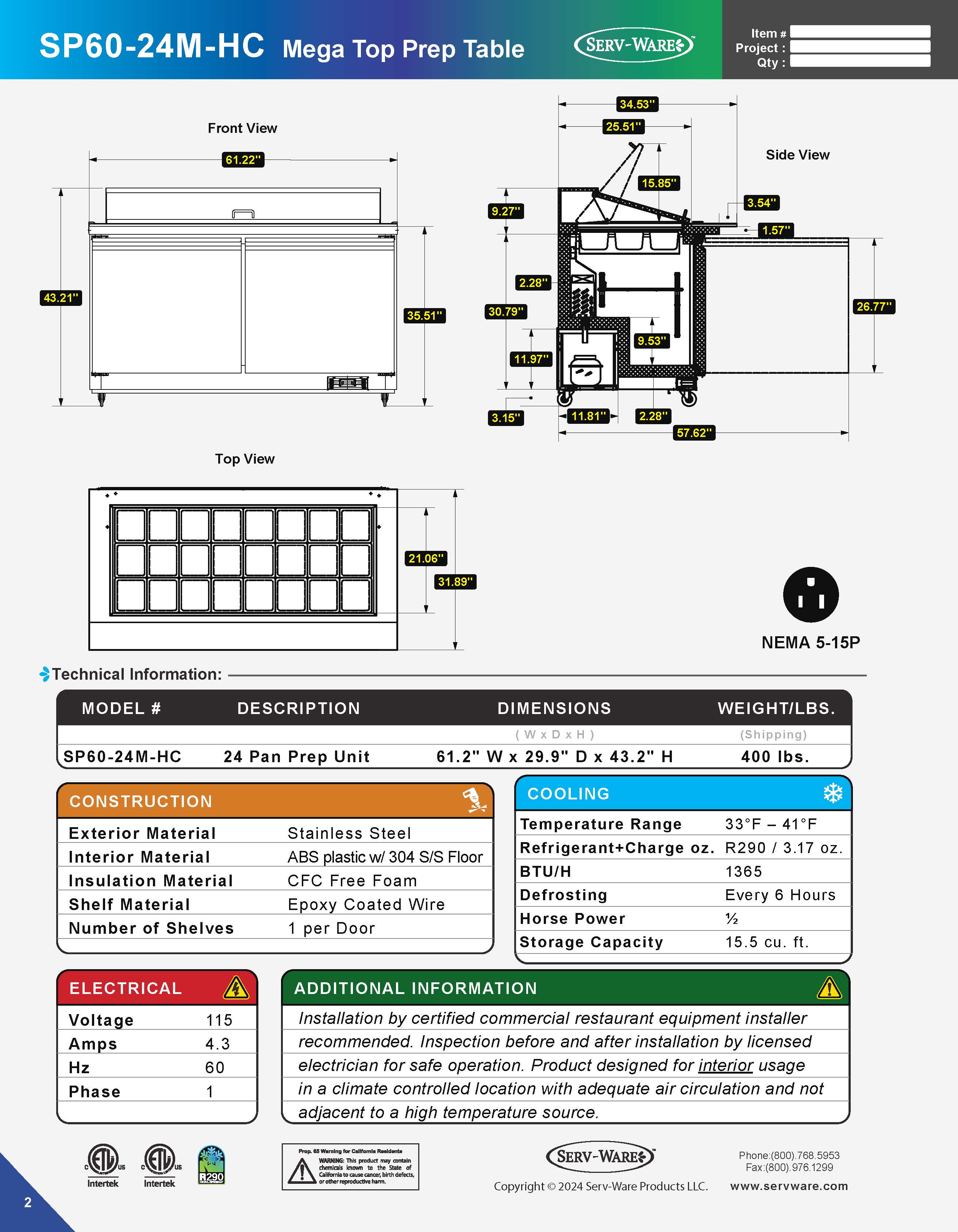 60" 2 Door Mega Top Sandwich Prep Table, SP60-24M-HC