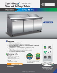 72" 3 Door Sandwich Prep Table, SP72-18-HC