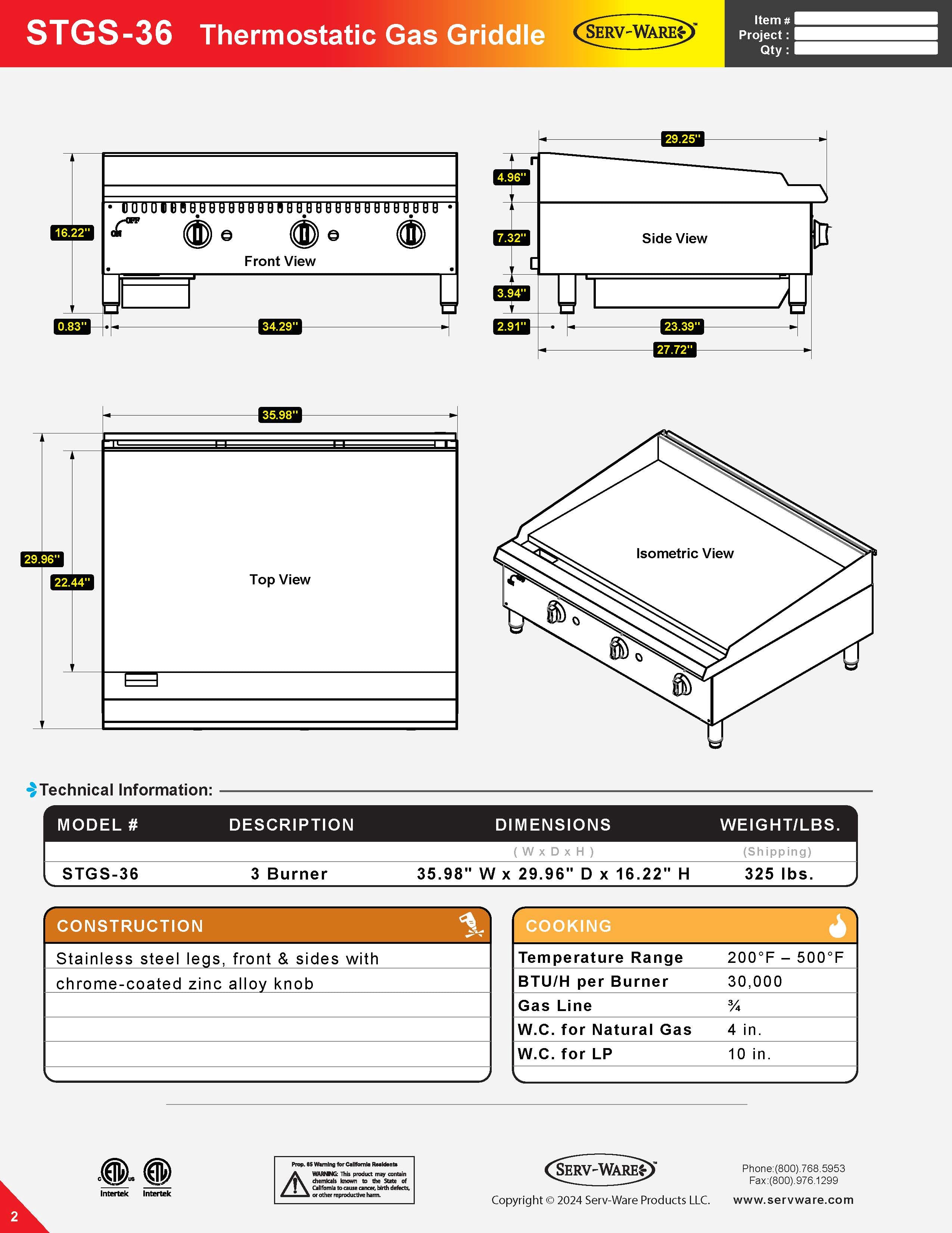 36" 3 Burner Thermostatic Gas Griddle, STGS-36