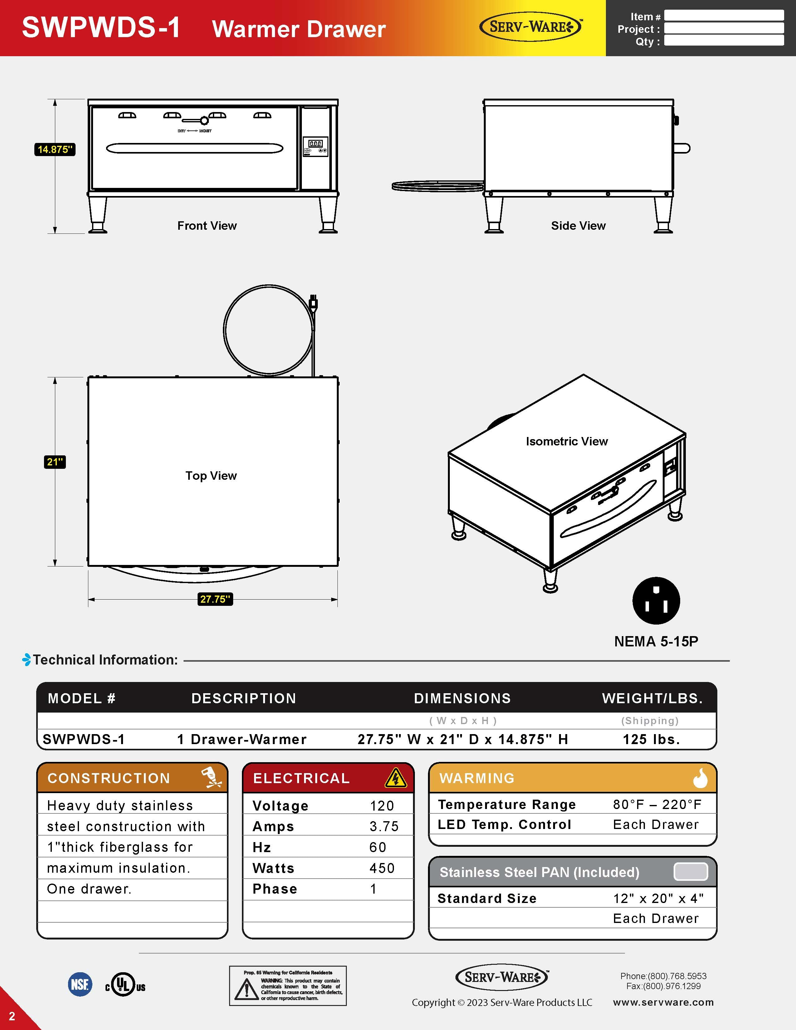 1 Drawers Warmer Drawer, SWPWDS-1