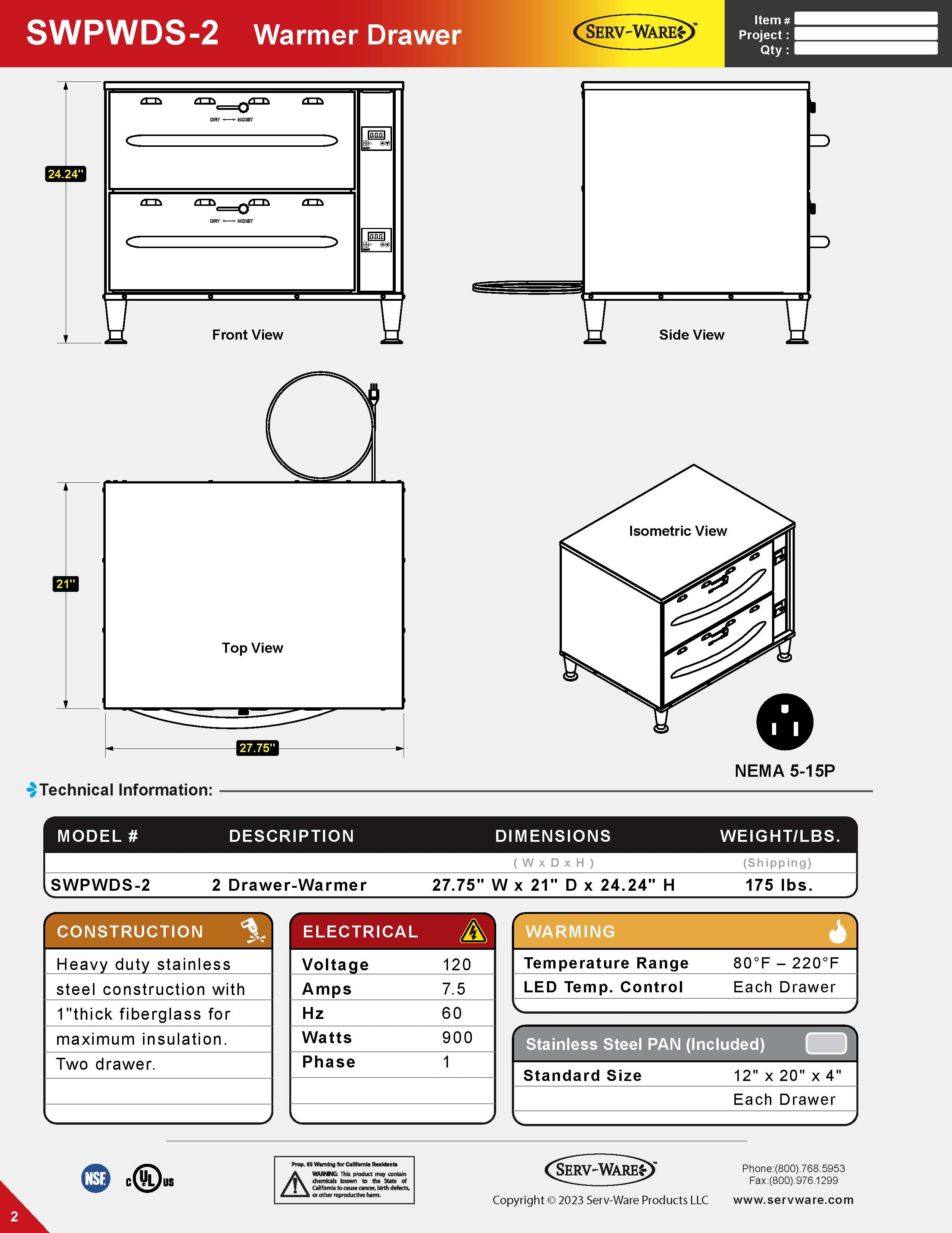 2 Drawers Warmer Drawer, SWPWDS-2