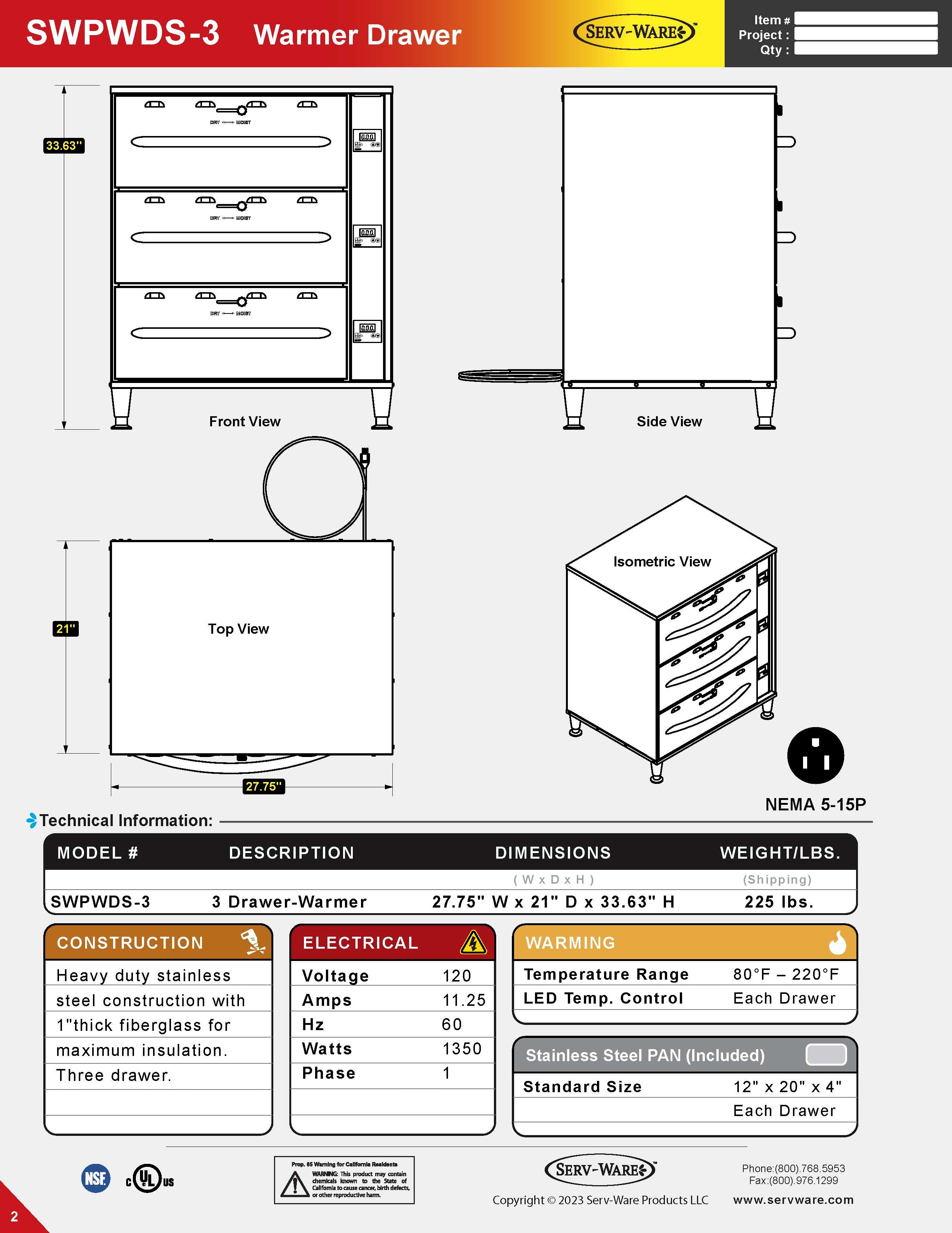 3 Drawers Warmer Drawer, SWPWDS-3