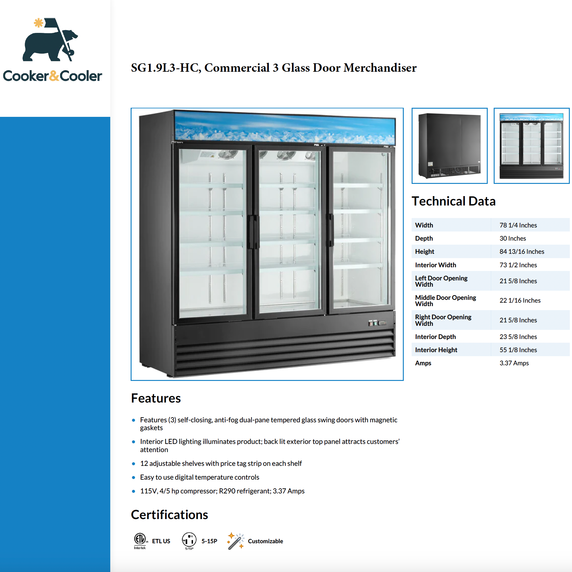 78" Commercial 3 Glass Door Merchandiser Refrigerator, SG1.9L3-HC