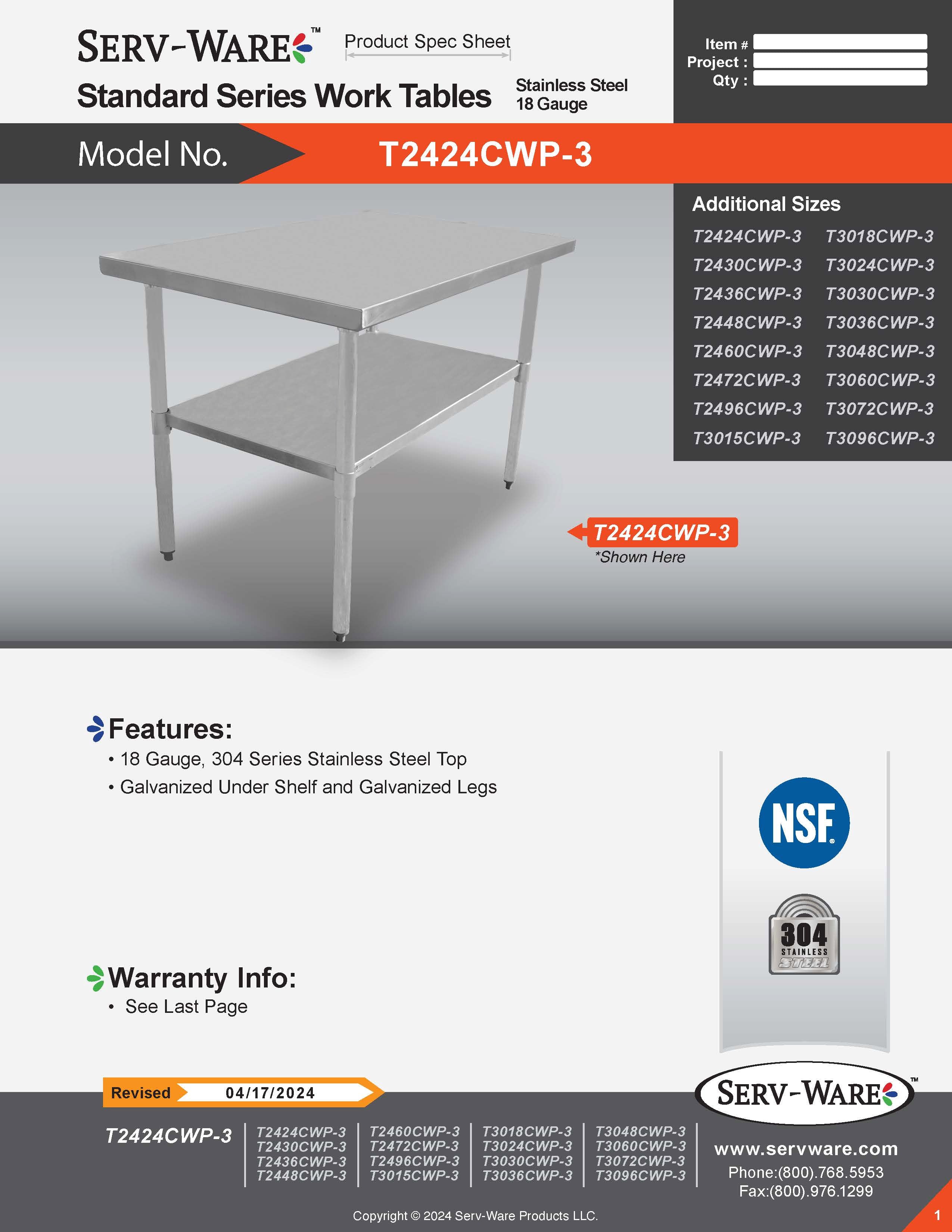 30” x 72” Standard Series Work Table, T3072CWP-3