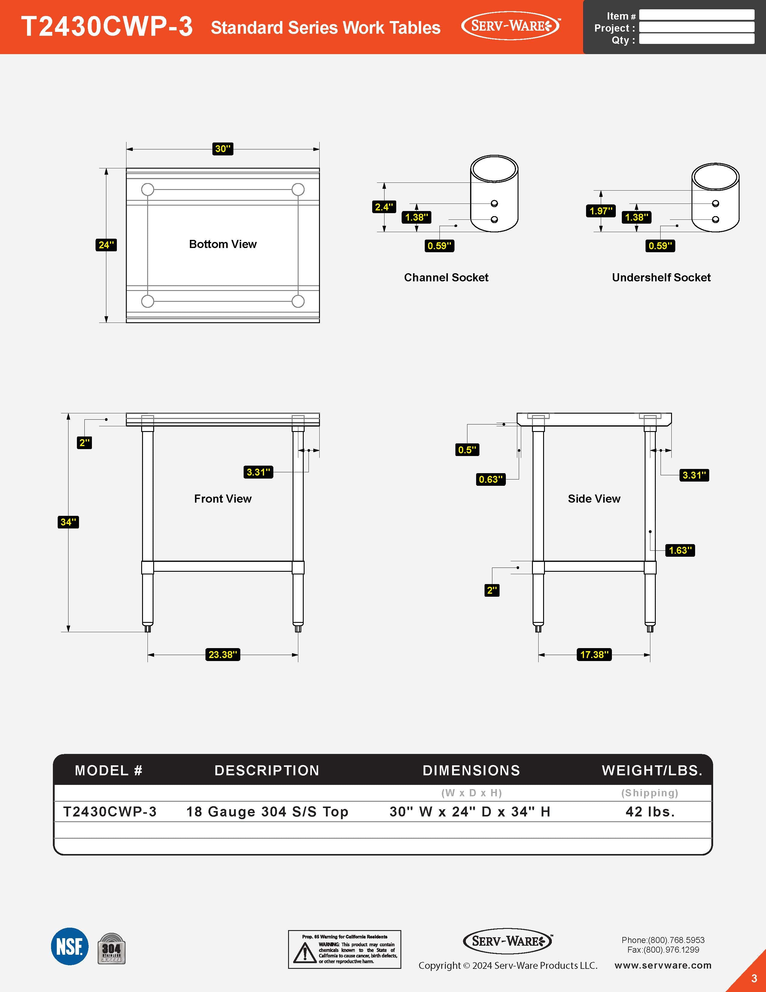 24” x 30” Standard Series Work Table, T2430CWP-3