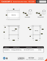 24” x 30” Standard Series Work Table, T2430CWP-3