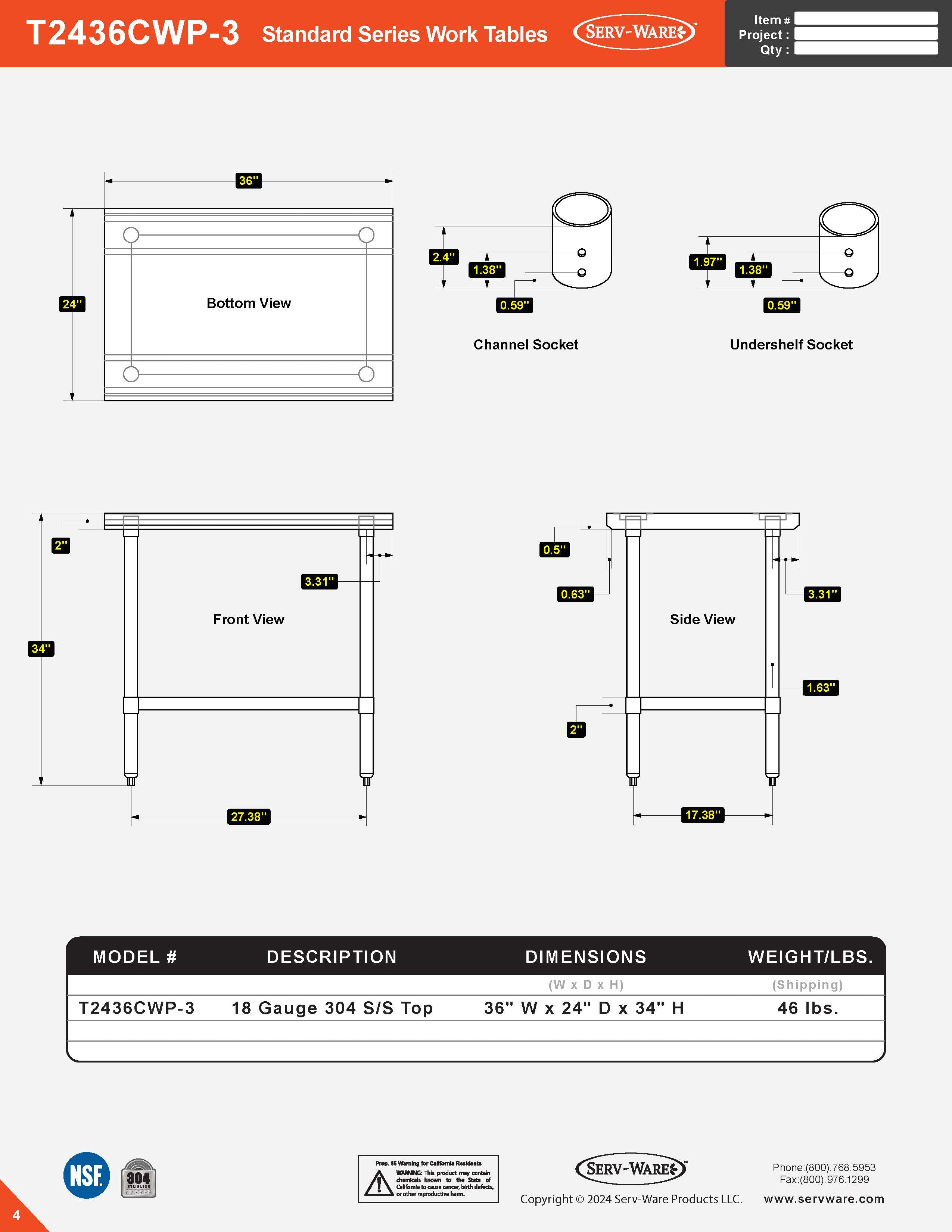 24” x 36” Standard Series Work Table, T2436CWP-3