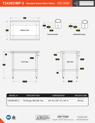 24” x 36” Standard Series Work Table, T2436CWP-3