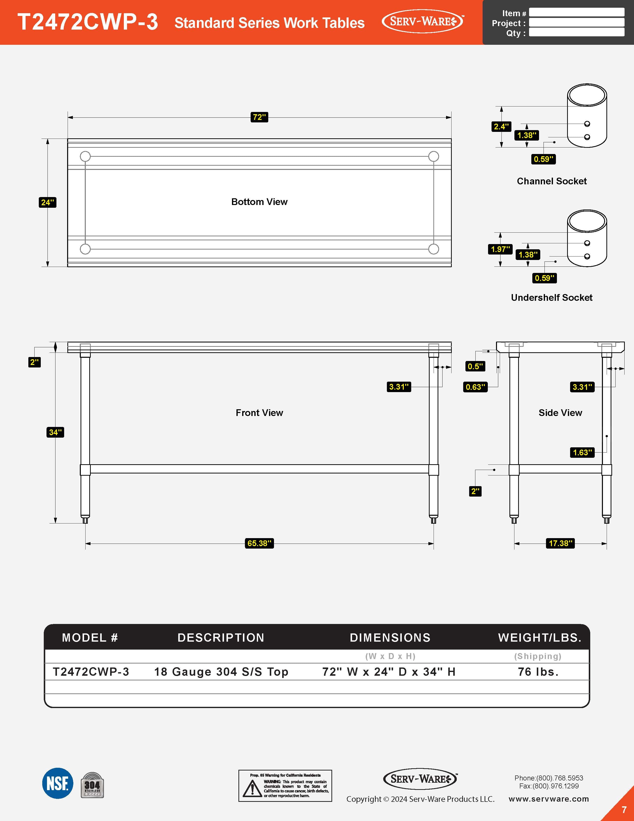 24” x 72” Standard Series Work Table, T2472CWP-3