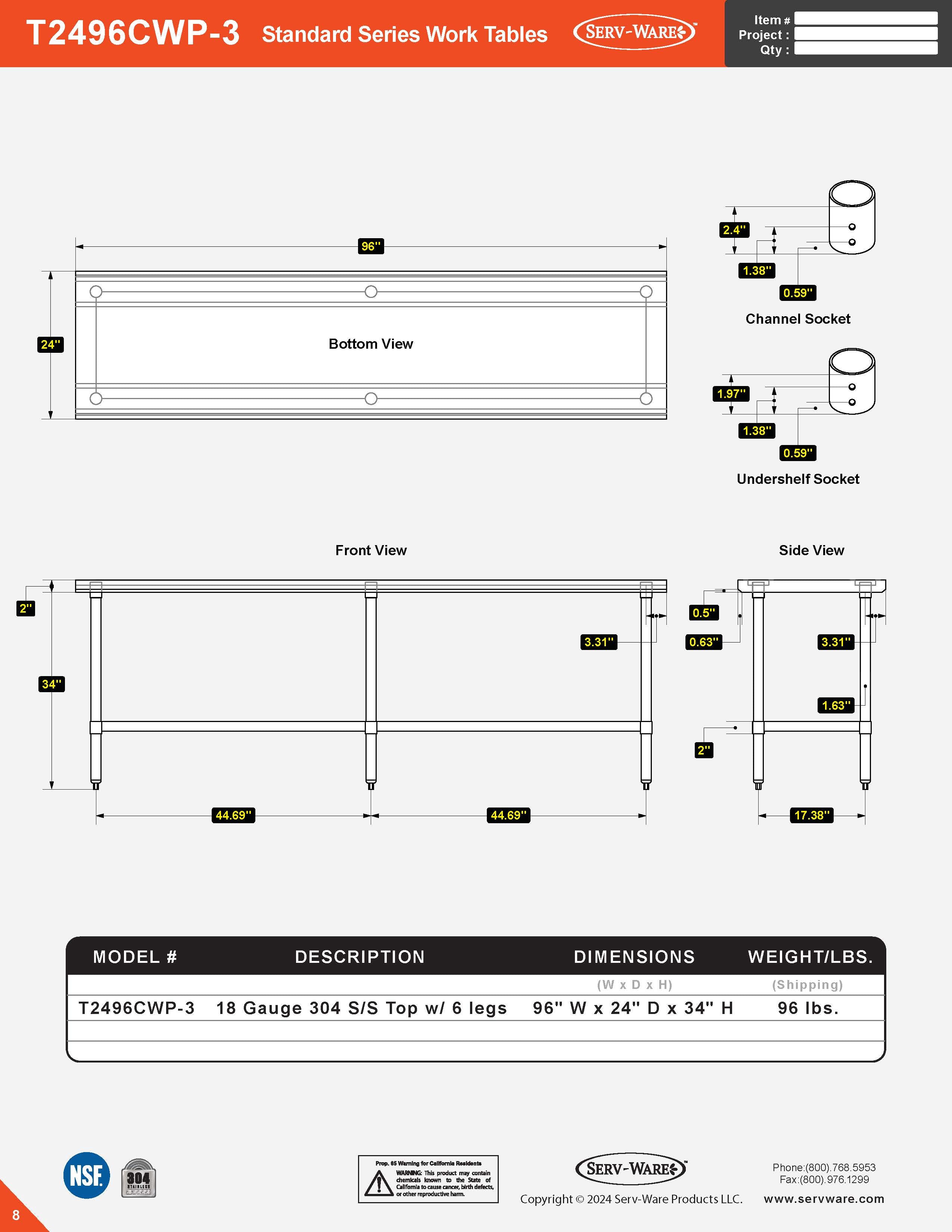 24” x 96” with 6 Legs Standard Series Work Table, T2496CWP-3