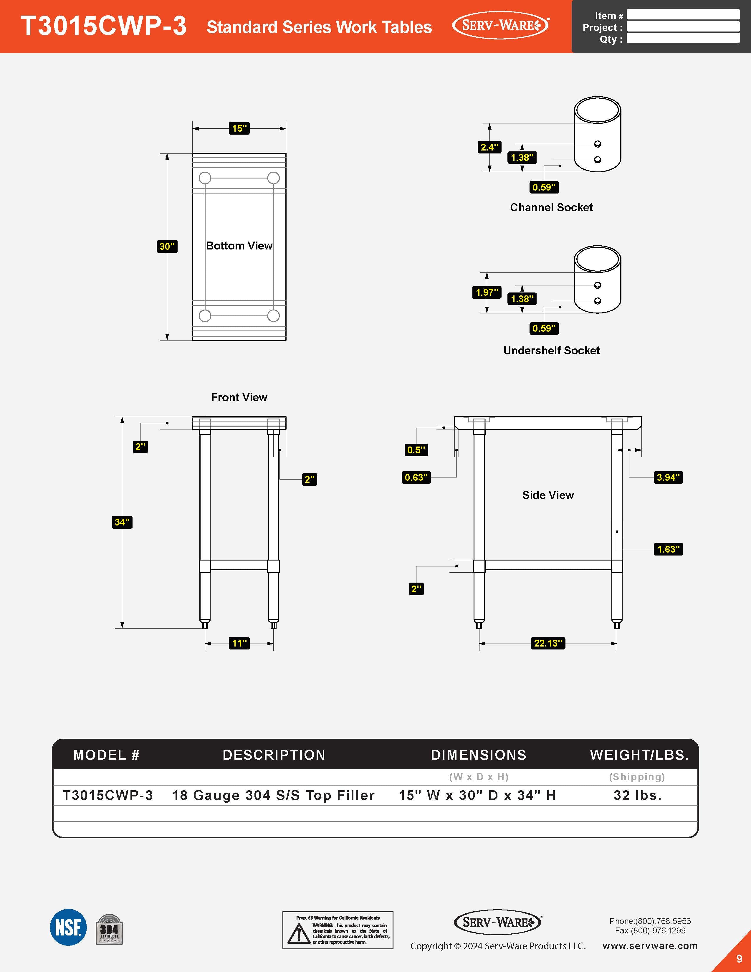 30” x 15” Standard Series Work Table, T3015CWP-3