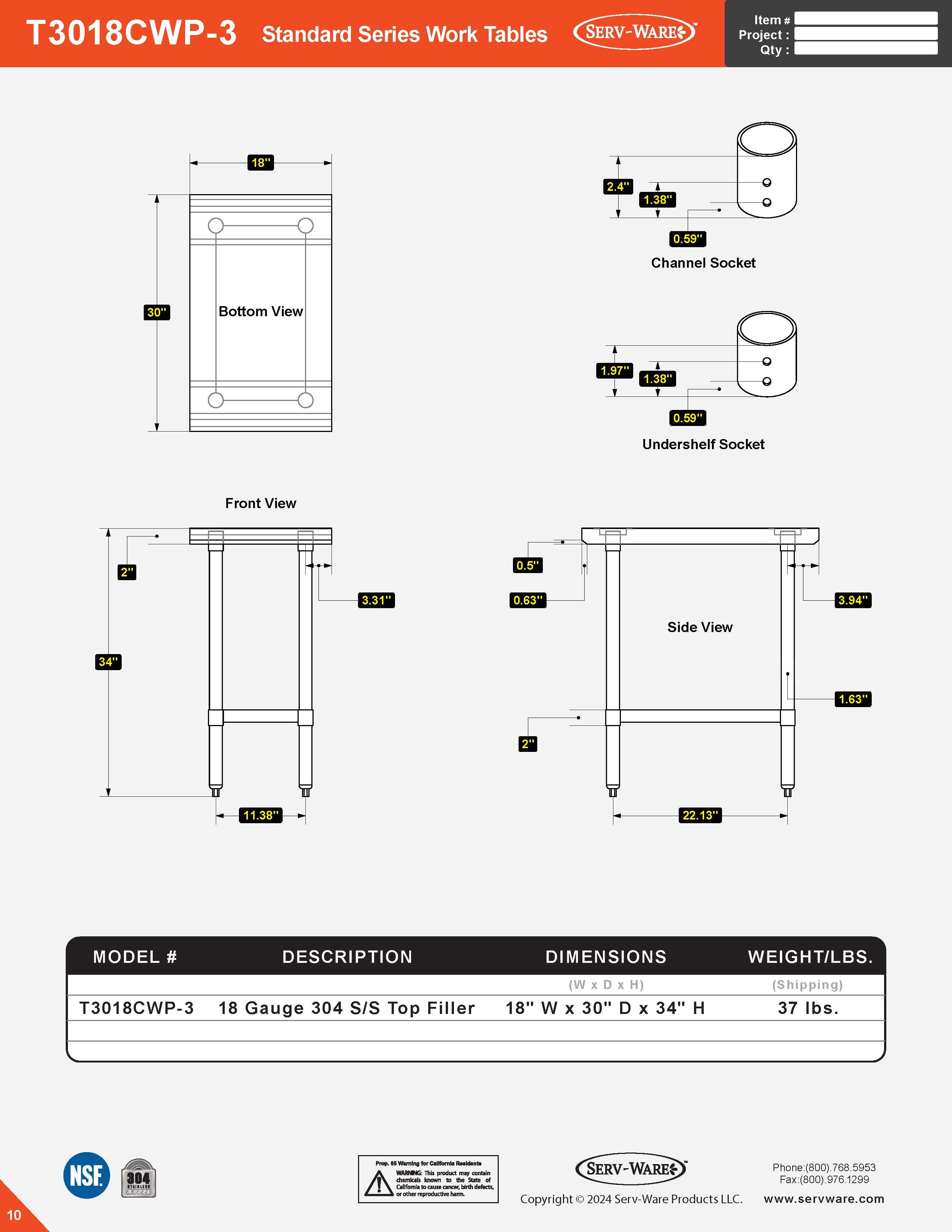 30” x 18” Standard Series Work Table, T3018CWP-3