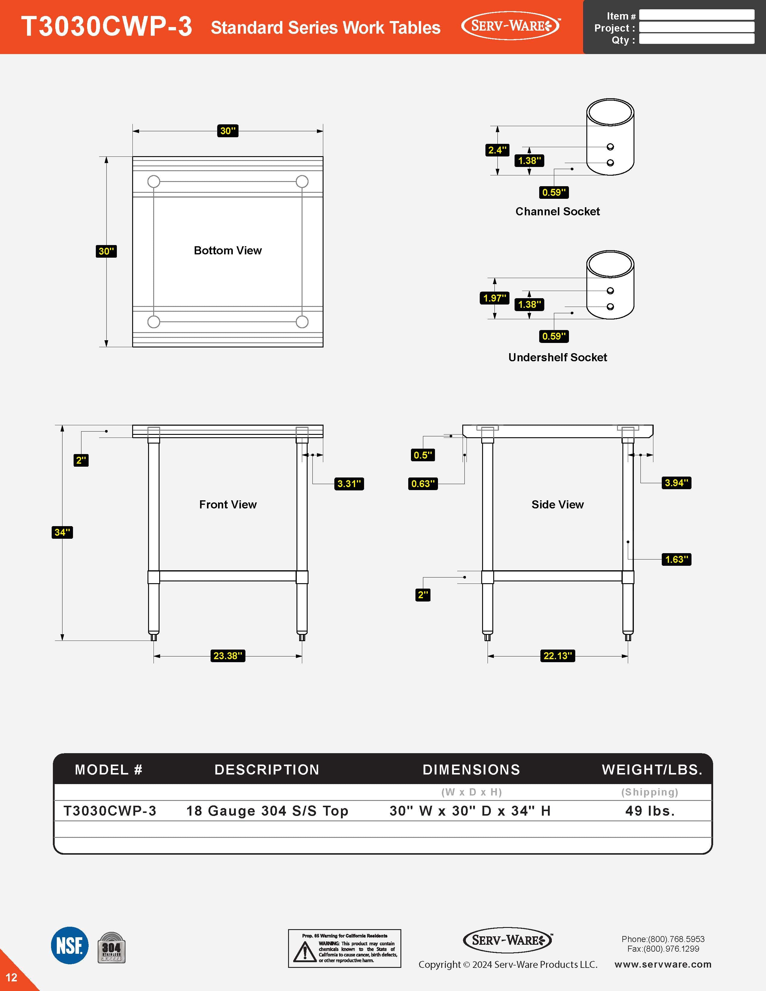 30” x 30” Standard Series Work Table, T3030CWP-3