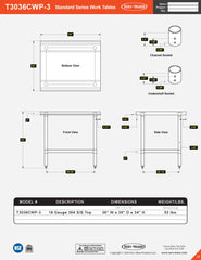 30” x 36” Standard Series Work Table, T3036CWP-3