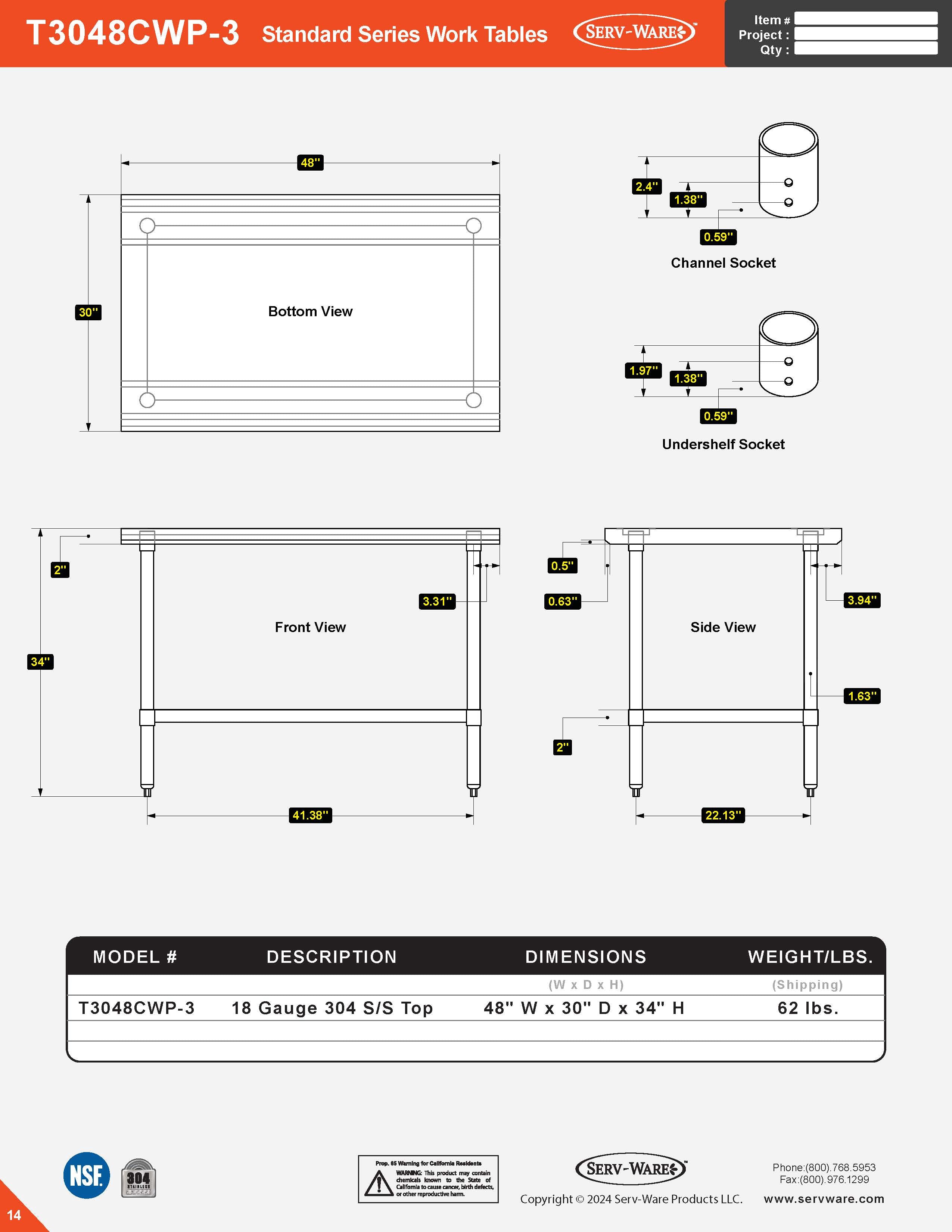 30” x 48” Standard Series Work Table, T3048CWP-3