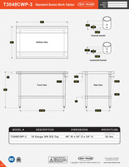 30” x 48” Standard Series Work Table, T3048CWP-3